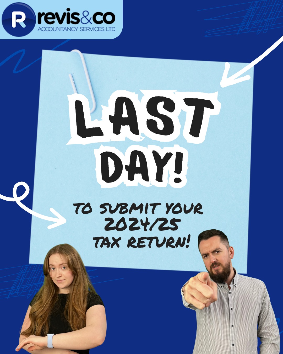 ⏰ Today’s the last working day before the deadline!
If you haven’t filed your tax return yet, act now to avoid penalties.
Need help? Get in touch before it’s too late!