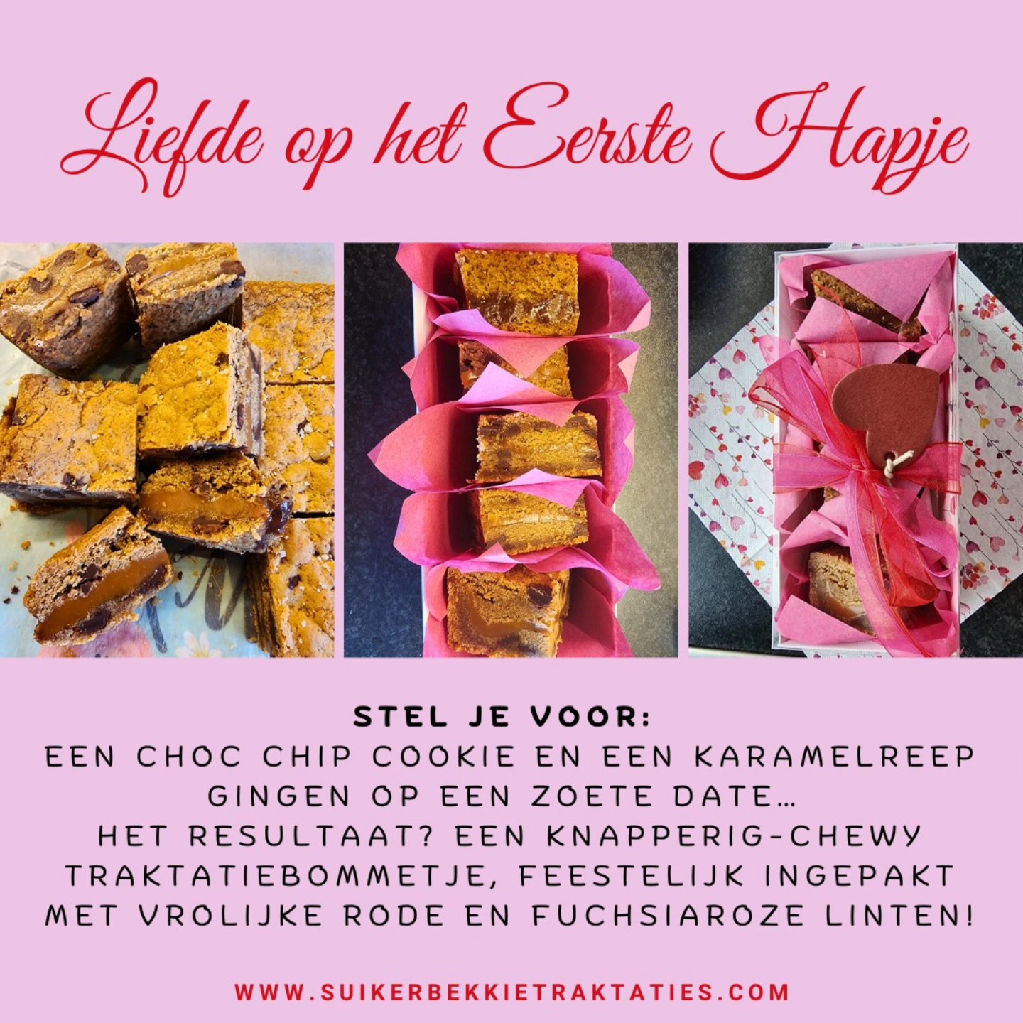 Valentijn was dit jaar extra zoet bij Suikerbekkie! ๐ช๐ Onze Valentijnsverleiding โ een heerlijke kruising tussen een choc chip cookie en een karamelreep โ was het resultaat van een zoete date tussen twee klassiekers. Knapperig en chewy, met een vleugje karamelmagie. Verpakt in stijlvolle doosjes met rode en fuchsiaroze linten โ perfect om harten te veroveren! ๐โจ
#Valentijnsverleiding #ZoeteHerinneringen #ChocoKaramelMagie #SuikerbekkieTreats #LiefdeOpHetEersteHapje #ValentijnGenoten #KoekjesGeluk
#HeistopdenBerg #Itegem #Berlaar #Putte #Lier #LokaalGenieten #ZoetUitDeBuurt #LokaleLekkerijen #BelgischeBakkunst