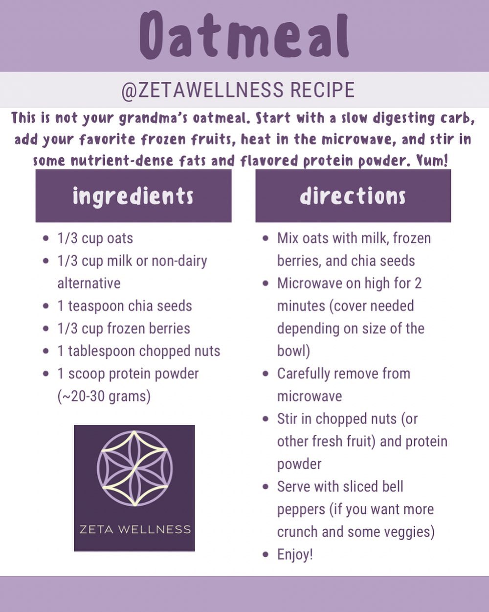 Quick breakfast idea! I love this recipe because it’s quick, filling, warm, and you can create new variations by changing up the fruit, nut, or protein powder. What do you love to add to your oatmeal? #recipe #zetawellness #nutrition