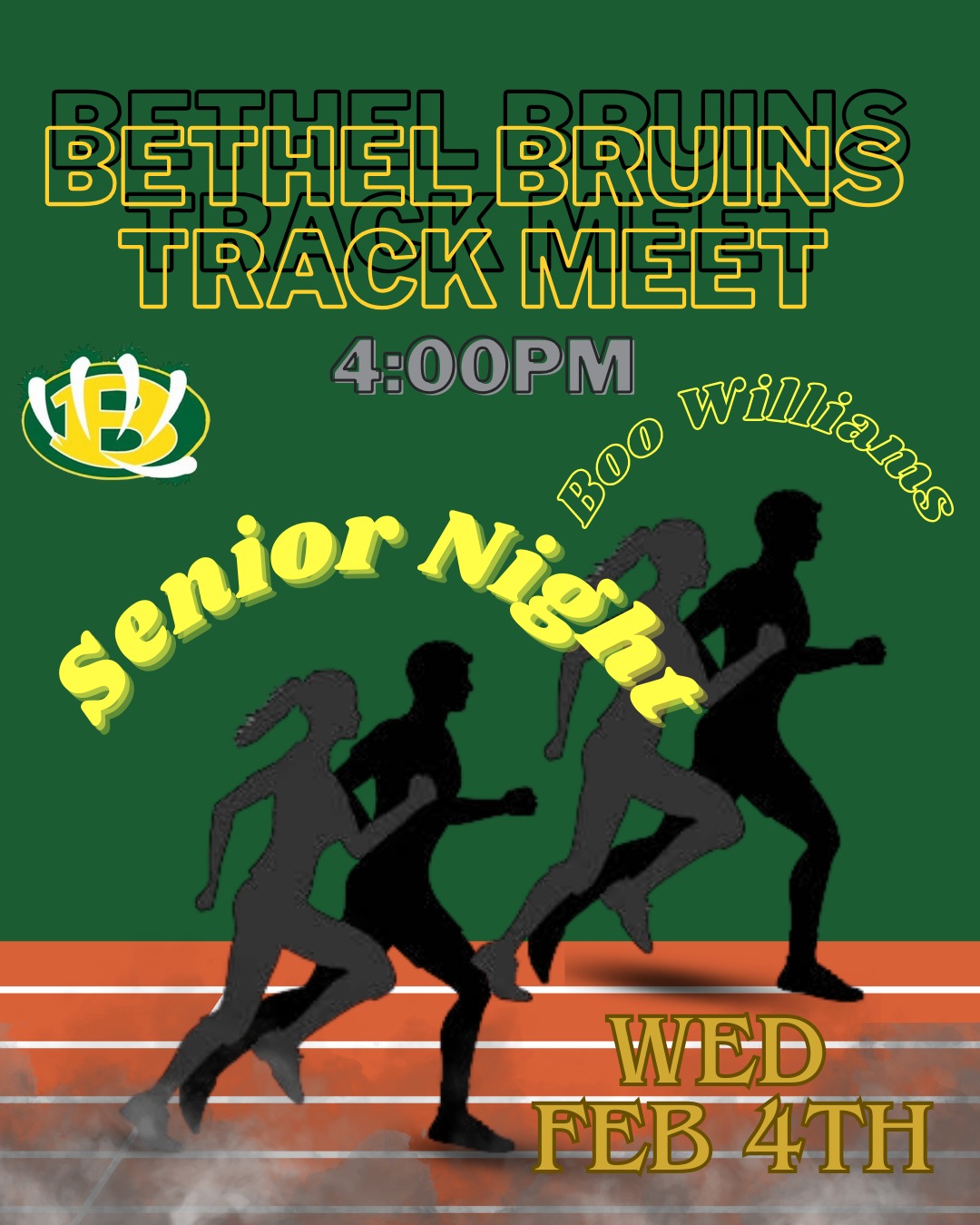 GO Bethel Indoor Track!
Wednesday Feb 4th at Boo Williams
Senior Night!