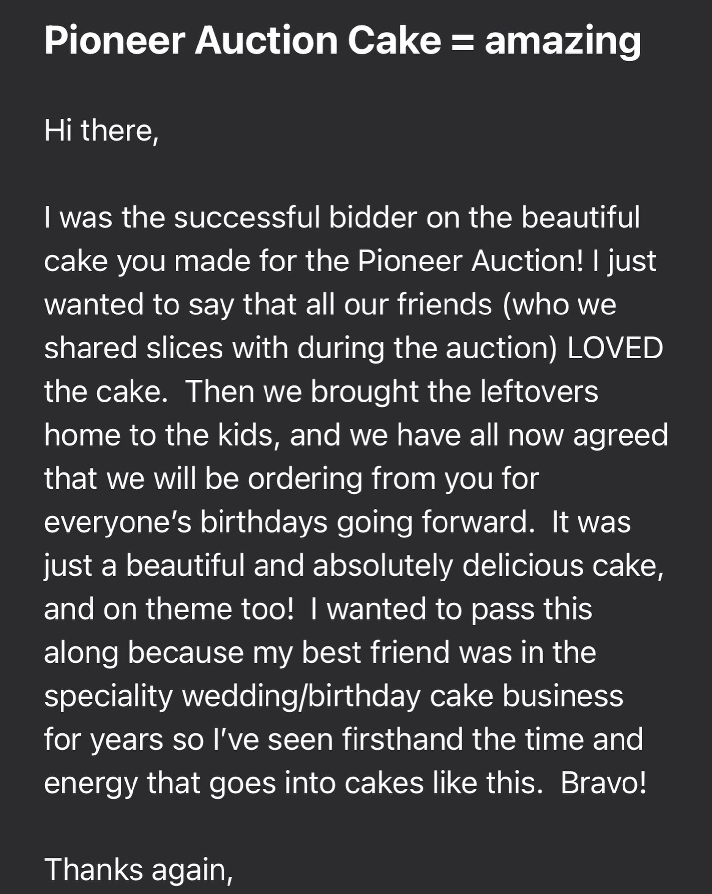 🥺❤️🥺❤️🥺
I absolutely love getting feedback from clients, but there is something extra magical about when it comes out of the blue! I got this extra sweet message from the auction winner of the cake I just did and it was so unexpected and just completely brightened my day. This is what my baking is all about! It’s not “just a cake” - it’s a memory. 💕 I’m so glad this lovely woman enjoyed it and was able to appreciate the love that went into the cake, and I can’t wait to bake for her family’s special occasions!
•
•
•
•
•
#Baking #HomeBaker #HomeBakery #SmallBusiness #SmallBusinessOwner