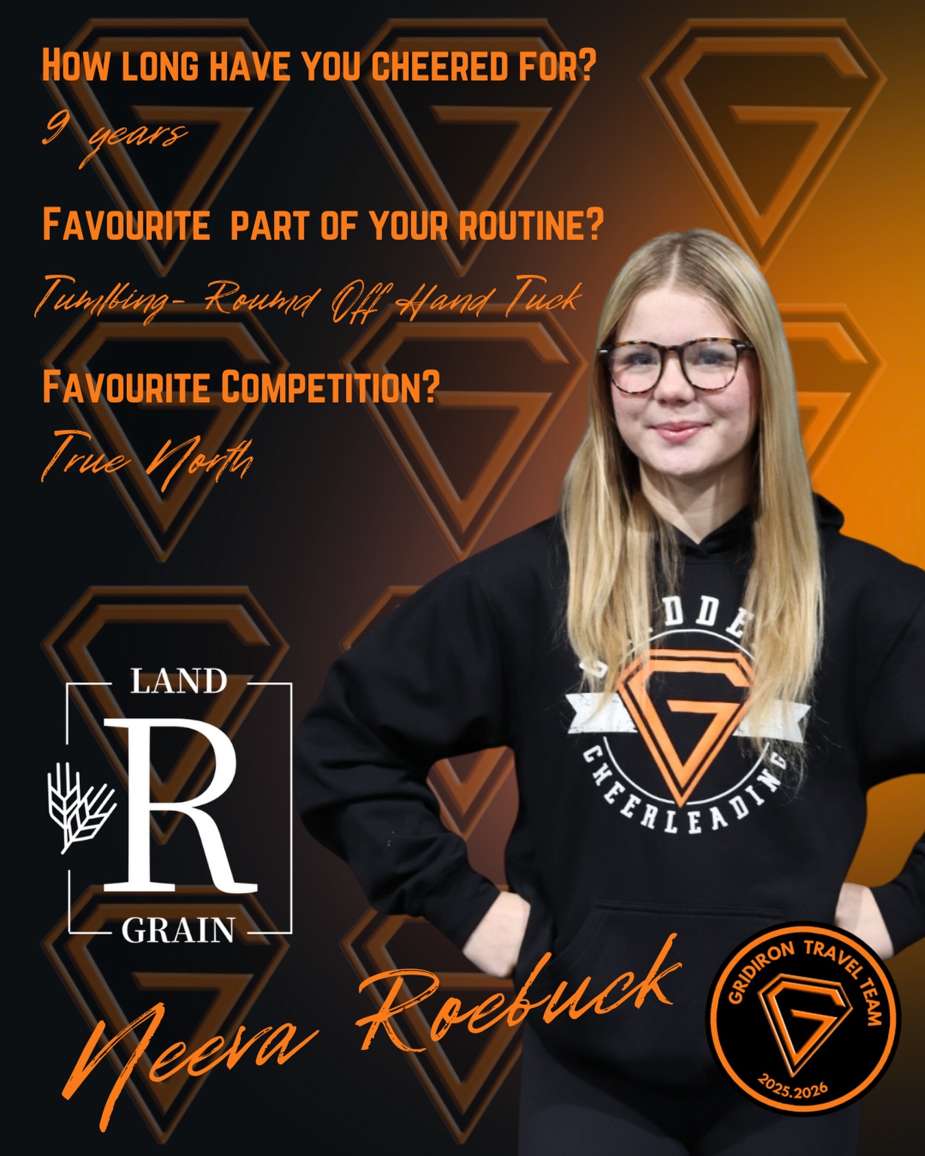 Our Gridiron travel team will be heading to Seattle this February, and we’re excited to showcase our amazing athletes! 📣
Today, we’re spotlighting Neeva Roebuck, proudly sponsored by Roebuck Farms!
Thank you to Roebuck Farms for supporting Neeva and our journey — from all of our Gridiron Travel Team athletes and Gridders Cheerleading!🧡🖤