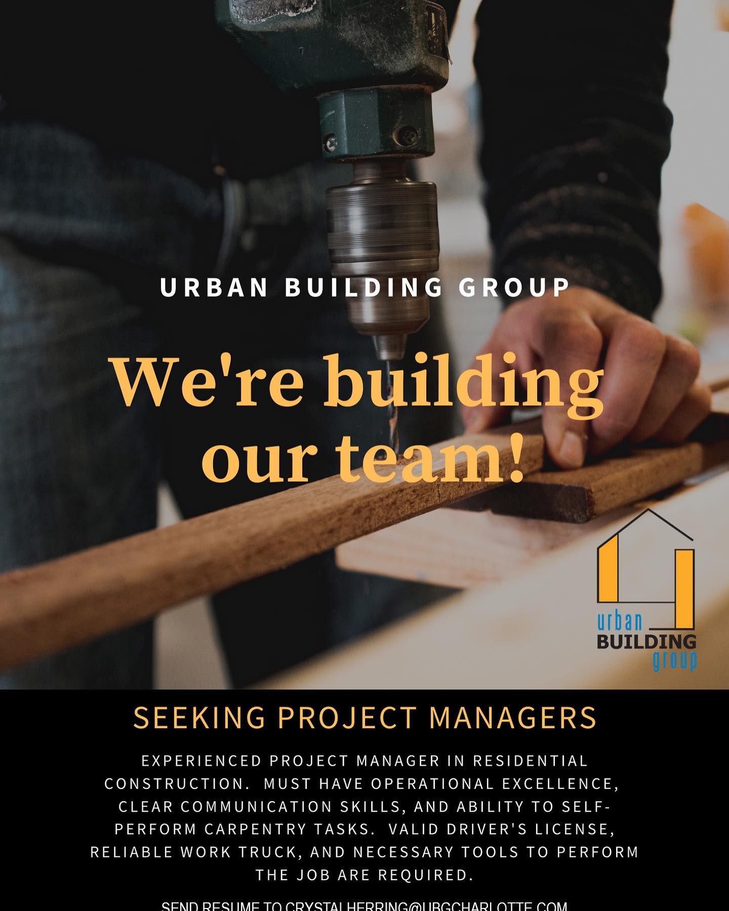 “Why work for Urban Building Group”? UBG offers competitive salary, 401K, Vehicle, Insurance, Performance Bonus, PTO, and Paid Holidays! Find a career here and not just a job!
Please send resume to: CRYSTALHERRING@UBGCHARLOTTE.COM