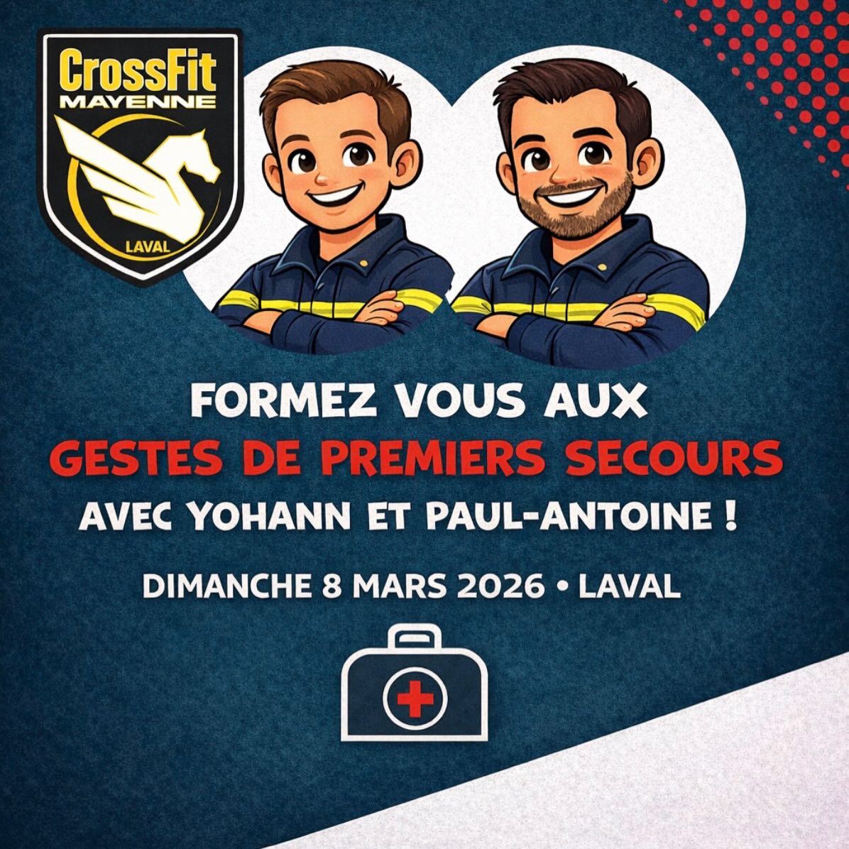 🚑 APPRENDS À SAUVER DES VIES 🚑
Et si, le jour où ça compte vraiment, tu savais quoi faire ?
👉 Dimanche 8 mars 2026 à Laval, CrossFit Mayenne ouvre ses portes pour une journée de formation aux gestes de premiers secours, animée par Yohann et Paul-Antoine.
👨🚒 Qui sont-ils ?
✔️ Formateurs en secourisme
✔️ Anciens pompiers volontaires
✔️ Anciens Pompiers de Paris
➡️ 20 ans d’expérience terrain, de concret, de vécu.
🧠 Pour qui ?
Cette formation s’adresse à toutes les personnes dès 15 ans, sans aucun prérequis.
L’objectif :
👉 t’apprendre les bases essentielles du secours à victime,
👉 te donner les bons réflexes,
👉 t’aider à agir plutôt que subir en cas d’urgence.
ℹ️ À savoir
• Formation non certifiante (ne remplace pas un PSC)
• Journée complète
• 30 € par personne
📝 Inscriptions
📧 Par email (contact@crossfitmayenne.com)
🏋️♂️ Ou directement à la salle
💳 Inscription validée avec la preuve de virement de 30 €
💬 On espère que tu n’auras jamais à t’en servir…
❤️ Mais si ça arrive, tu seras prêt(e).
👉 Places limitées — inscris-toi dès maintenant !