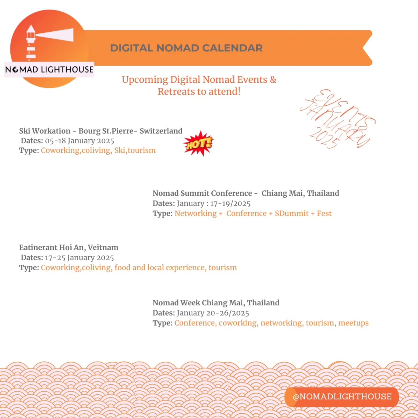 Embark on a journey of real world connections with our Nomad Events Calendar for the 1st Quarter of 2025! 🌍 Discover in-person meetups, workshops, retreats and more around the world. Connect with fellow nomads and make memories together. 🚀 #NomadLife #Q1Events #digitalnomads #nomadevents #nomadsineurope #digitalnomadlifestyle #nomadfriends #FaceToFaceMeetups #GlobalGatherings #NomadConnections