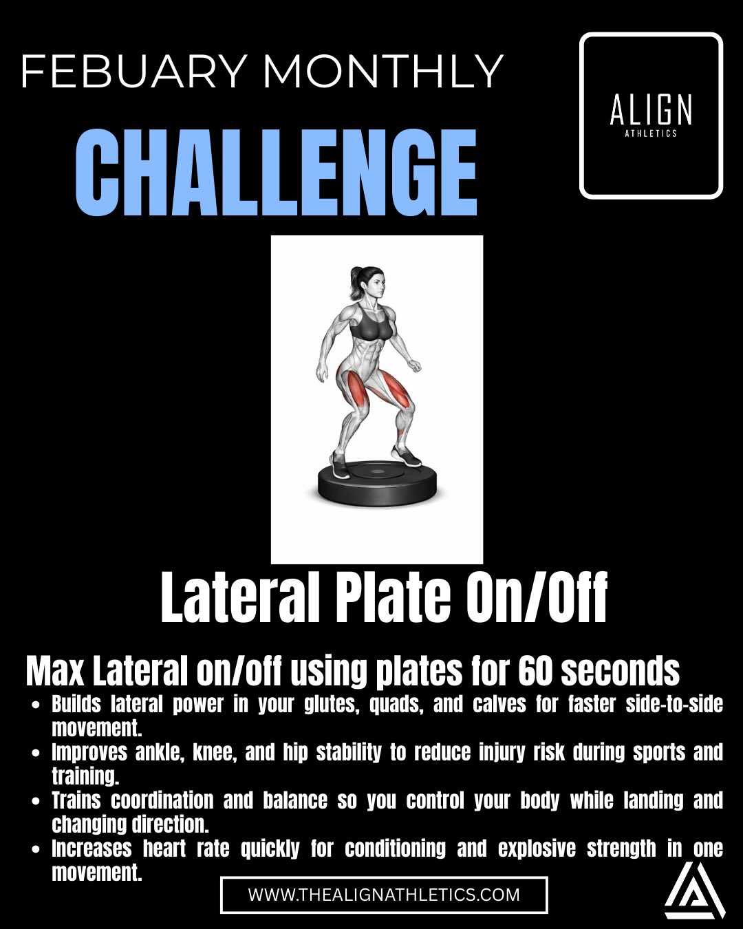 February’s Monthly Challenge. ON/OFF’s 60 seconds of burn!🔥 These fast twitch movements builds lateral power in your glutes, quads, and calves for faster side-to-side movement. This will also train coordination and balance so you control your body while landing and changing direction.