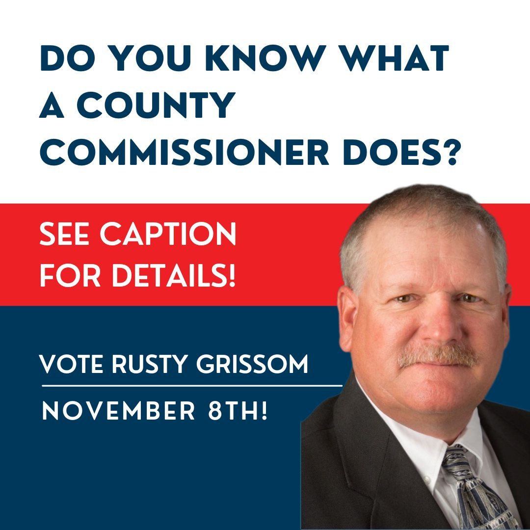 Did you know that the 3 elected county commissioners serve on a board? This board is the chief administrative body for the county.
The Commissioner Board has the legal power to sell or purchase public lands or buildings for the county, approve bids for construction projects, audit the accounts of county officers, maintain and construct roads and bridges in the county highway system, and MORE!
Don't skip this election! I want to help increase participation and communication with all county officials. I want to increase transparency and set goals to make our county even better than it is today! I appreciate your vote and your support!
Visit my website for more info! www.VoteRustyGrissom.com
📞 405-872-9584
📫 Please send contributions to:
P.O. Box 1100
Noble, OK 73068
#clevelandcountycommissioner #Nov8election #countycommissionerduties #yourvotematters #votevotevotedmin