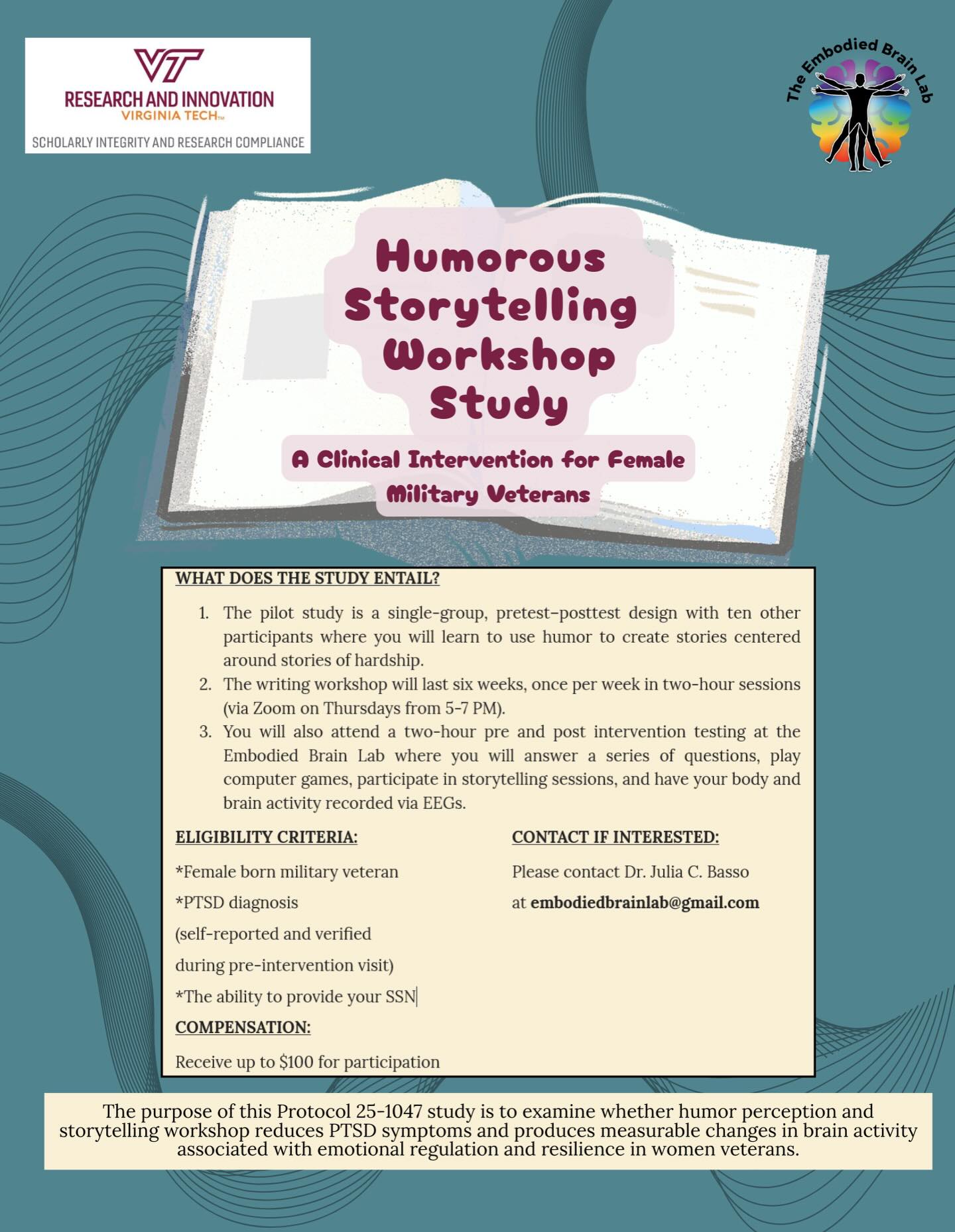 The Embodied Brain Lab is launching a new research study on the impact of humorous storytelling as clinical intervention for female military veterans! 🪖😂
If interested please contact Dr. Julia Basso at embodiedbrainlab@gmail.com