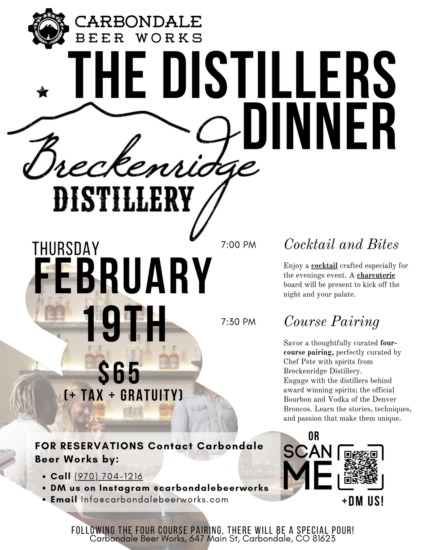 It’s time again! On Thursday, February 19th we have Breckenridge Distillery joining us under Carbondale Beer Works’ roof for a Distillers Dinner.
Breckenridge is the home of the Broncos official vodka and bourbon. You’re invited to come sip, eat, and learn about their spirits right here in Carbondale’s living room.
These dinners fill up! Make a reservation by shooting us a DM, call, or stop by.
#carbondalebeerworks #distillersdinner