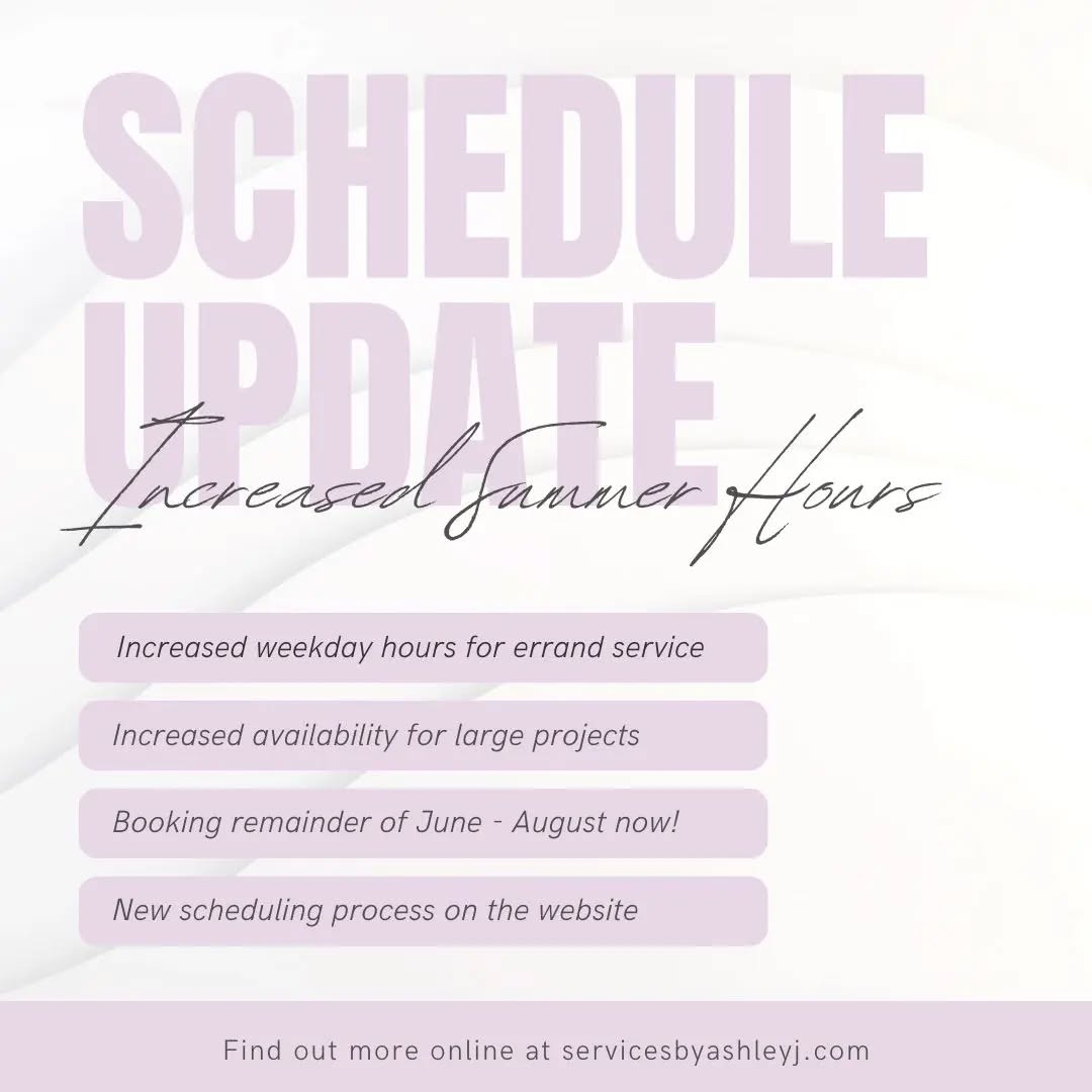 Summer break is officially here! 🌞🍦
This summer's schedule is a bit different than previous years as I now have daytime availability for errand service and increased time slots available for large projects. 🎉
I am currently booking from now until the end of August for everything from event help to storage cleanouts, as well as my usual deliveries and cat sitting.
If you need to delegate some tasks or just need a hand for something big you've got coming up I am happy to help!
Booking requests are available on my website, servicesbyashleyj.com