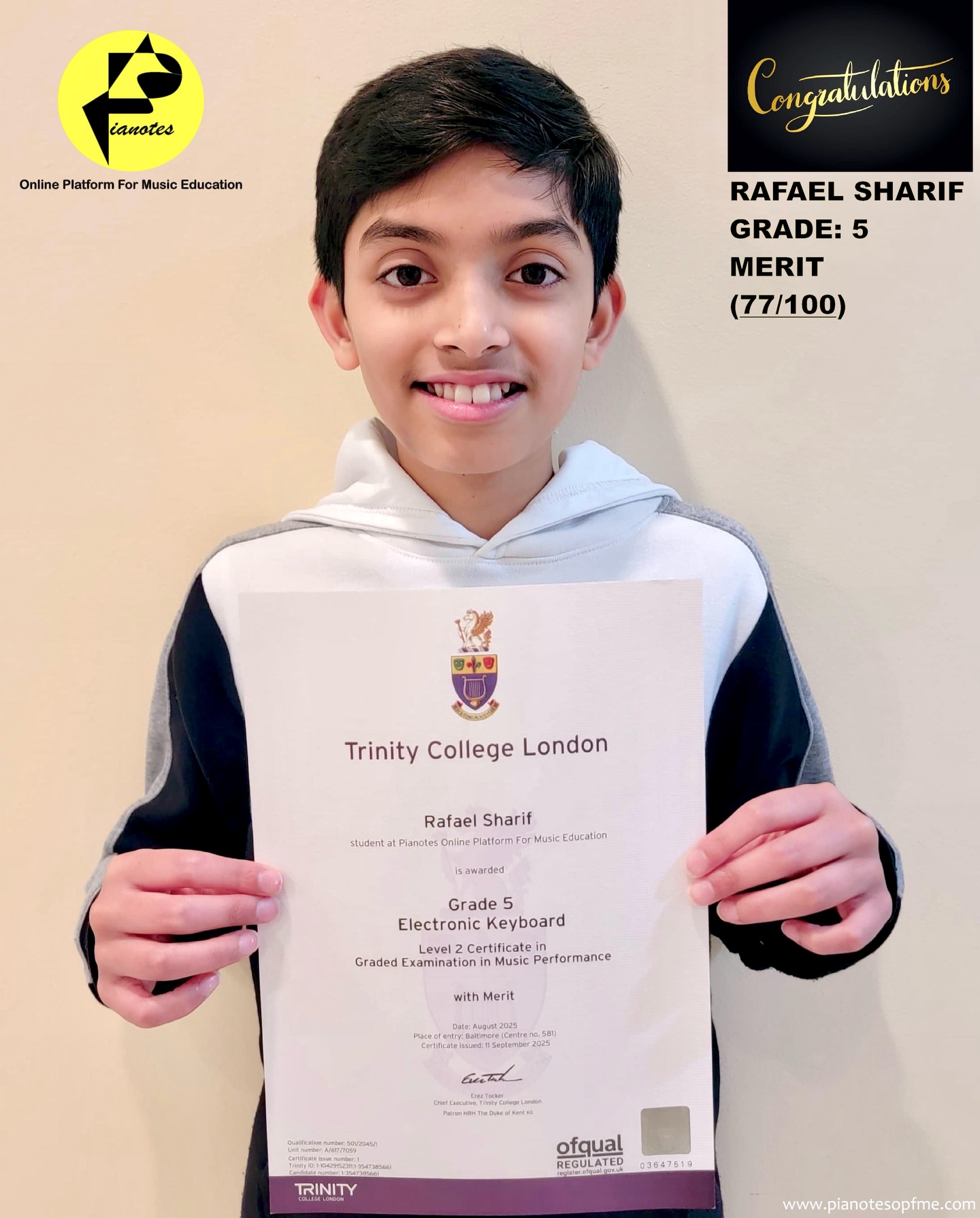 Congratulations🎉🎊 RAFAEL SHARIF✨👏
#pianotesopfme #trinitycollegelondon #grade5 #electronickeyboard #onlinepianoclasses