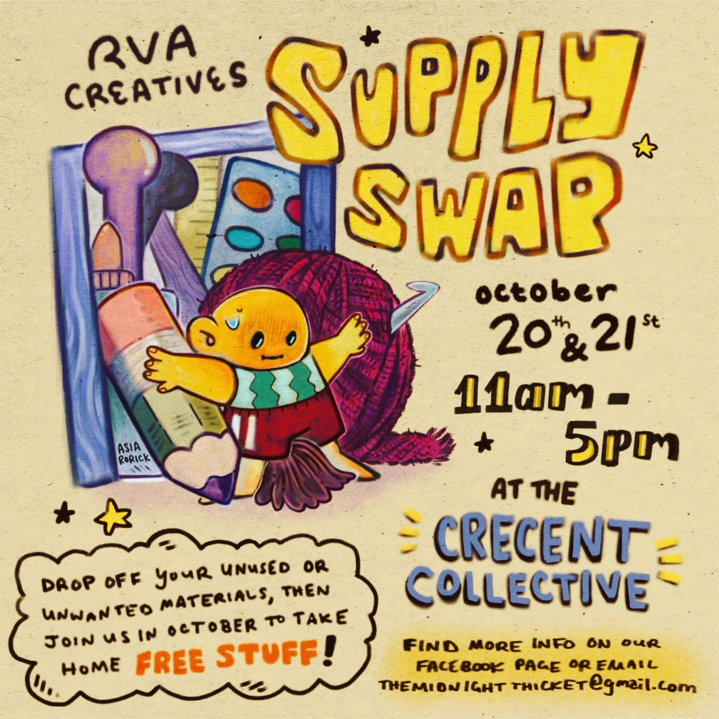 Join us for a supply swap of craft materials! You can donate by bringing items to Cross Roads Art Center, Studio Two Three, or Midnight Thicket.
Leftover items will be donated to Scrap RVA.