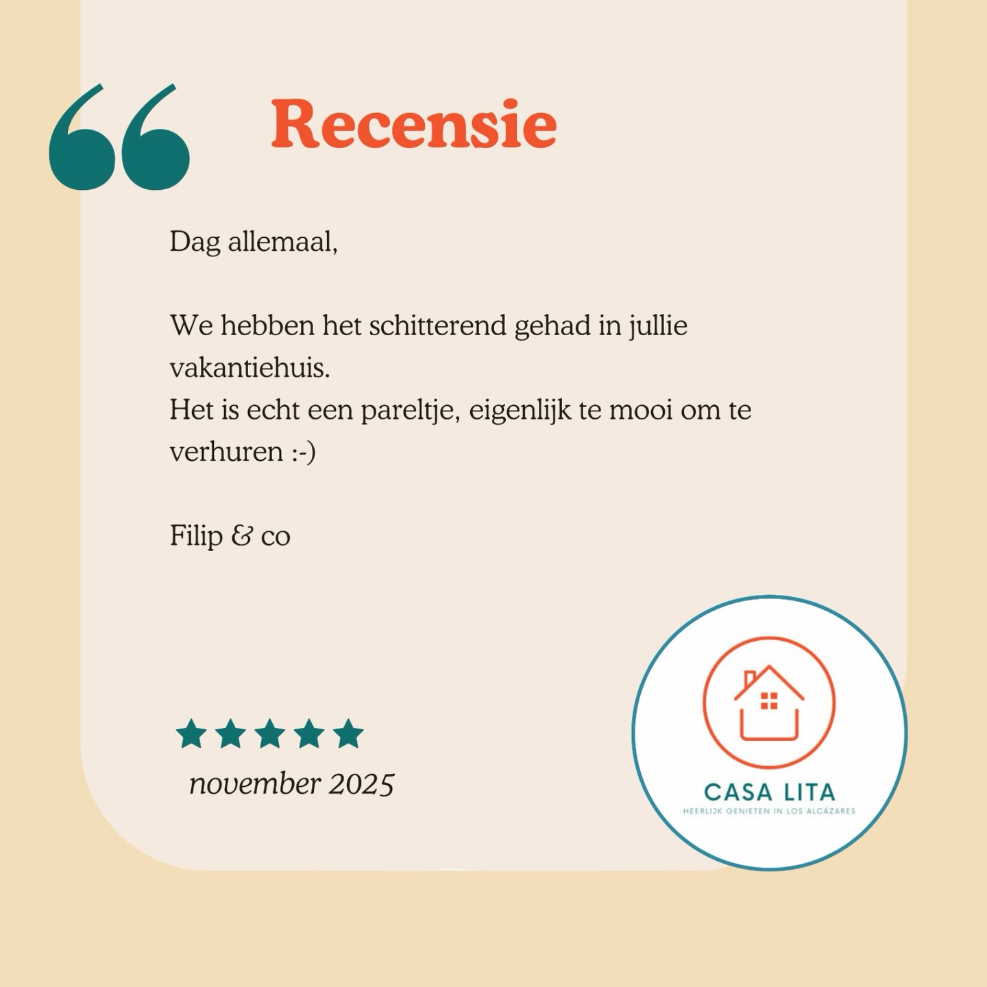 Dankjewel Filip en co voor deze mooie woorden!
We zijn altijd zeer tevreden om jullie recensies in ons gastenboek te lezen dus vergeet zeker niets te schrijven voor jullie vertrek 💕
#thankful #recentie #casalita