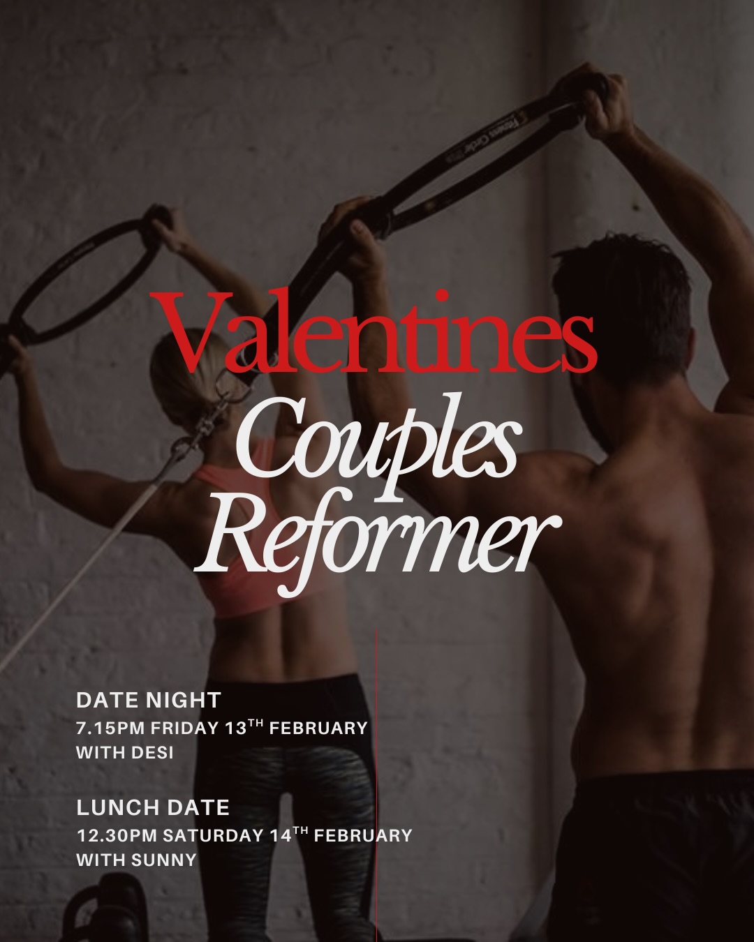 Valentine’s Couples Reformer at The CTRL 🤍✨
Open to members and non-members.
Been trying to get your partner (or favourite person) to try Reformer, but haven’t quite managed to get them through the studio doors? This is your moment.
Sat 14 Feb, 12.30pm (Sunny)
Quick beginner-friendly intro, then a full 50-minute class with couples challenges, followed by bubbly and a take-home keepsake.
Limited to 6 couples per class. Book direct in the CTRL app.