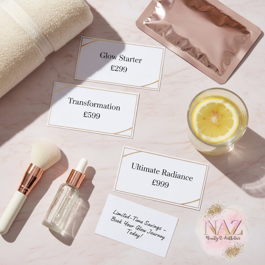 Ready for your ultimate skin glow? ✨
Three exclusive packages. One beautiful journey. Which will you choose?
Glow Starter, Transformation, or Ultimate Radiance. Each one is designed for real results and real confidence.
Limited-time savings. Your dream skin is just one booking away.
DM to reserve your spot with Naz xx