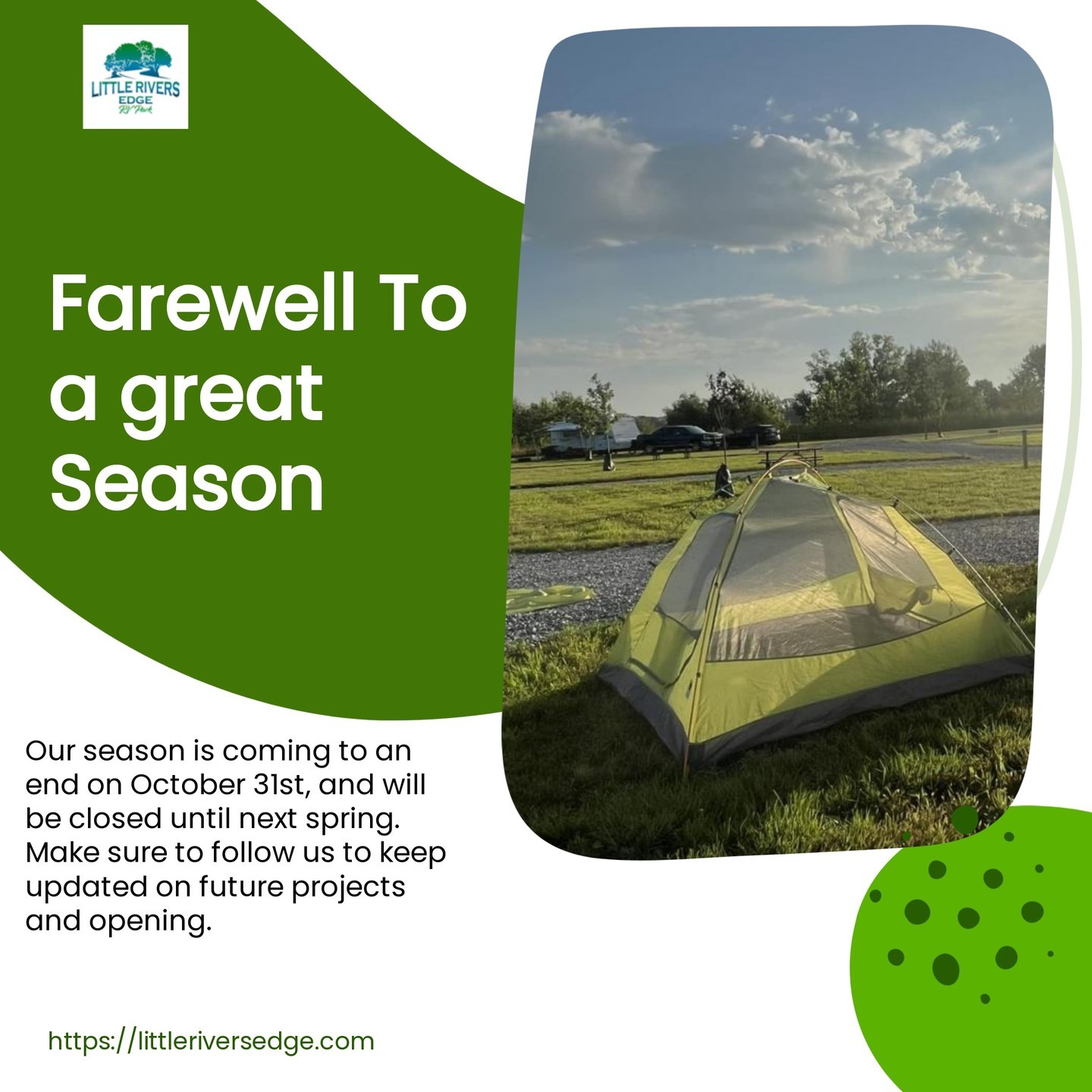 Hey campers! 🏕️ As our amazing camping season is winding down, we'd like to take a moment to thank each and every one of you for making it absolutely epic! 🎉 We've had unforgettable adventures, incredible memories, and countless s'mores under the stars. 😍 While the season is coming to an end, don't worry! We're already gearing up and getting super stoked for the next one. 🙏 So, keep those camping dreams alive and get ready for an even bigger and better season ahead! 🤩 Stay tuned for some exciting updates, folks!