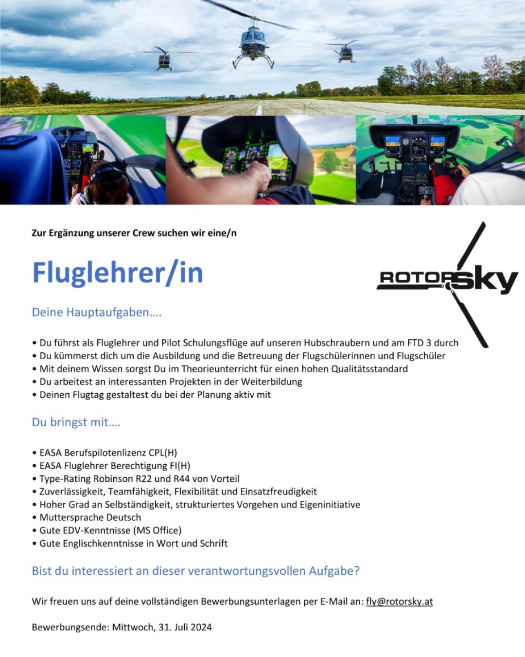 🚁 ‼ We are hiring ‼ 🚁
Wir suchen Verstärkung für unser hoch motiviertes Team.
Siehst du dich in der Jobbeschreibung wieder?
✉️ Dann melde dich bei fly@rotorsky.at
Wir freuen uns auf deine Bewerbung