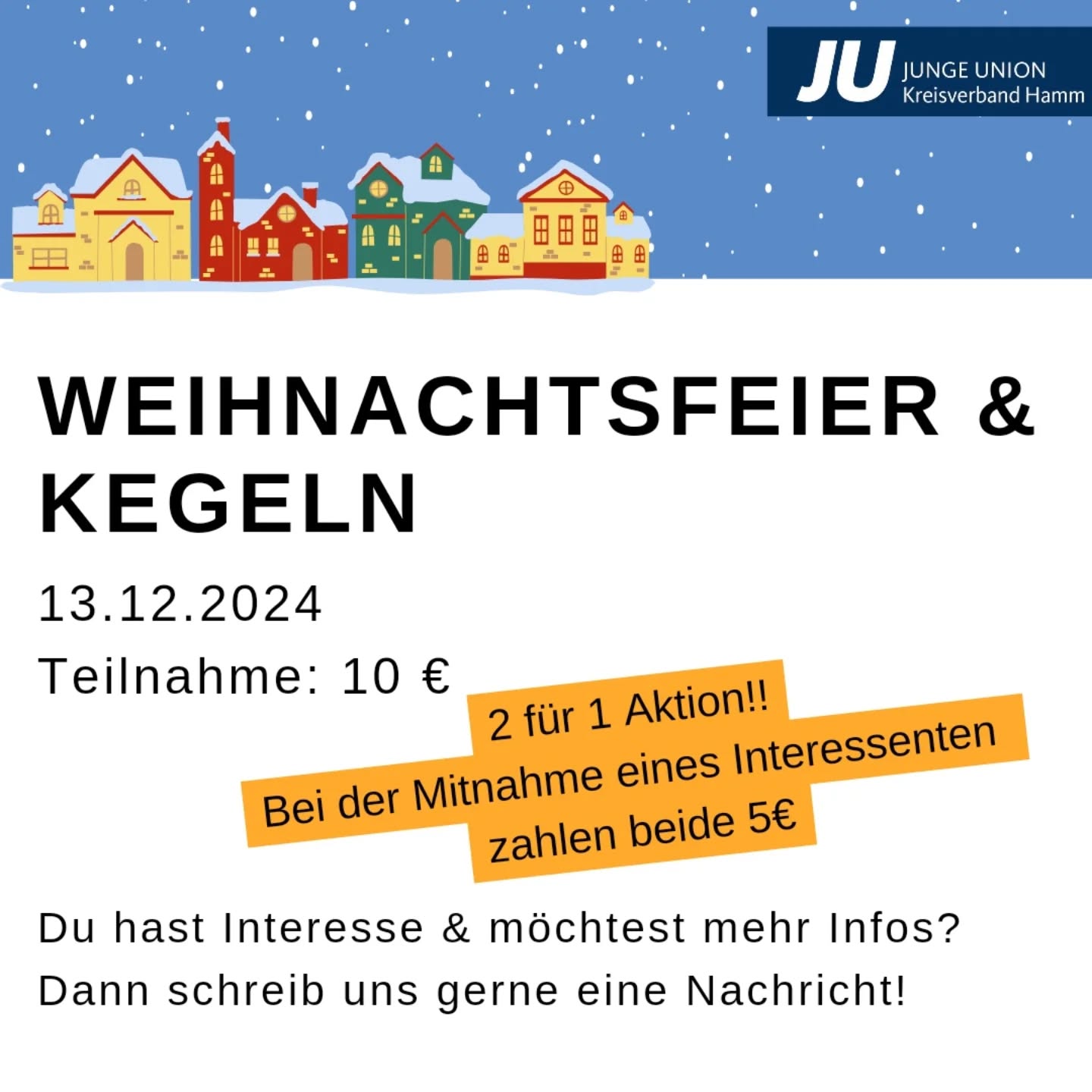 #Weihnachtszeit heißt gemeinsam auf das Jahr zurückblicken und in #besinnlicher Zusammenkunft Zeit miteinander zu verbringen. ✨
Auch wir wollen das dieses Jahr wieder in gemütlicher Runde tun mit #Kegeln und einem Besuch auf dem #Weihnachtsmarkt. 🎳🎄
Hast du Interesse und möchtest Ort und Zeit wissen? Dann schreib uns eine Nachricht 📬
#weihnachten#weihnachtsfeier#besinnlichezeit#adventszeit#jungeunion#juhamm