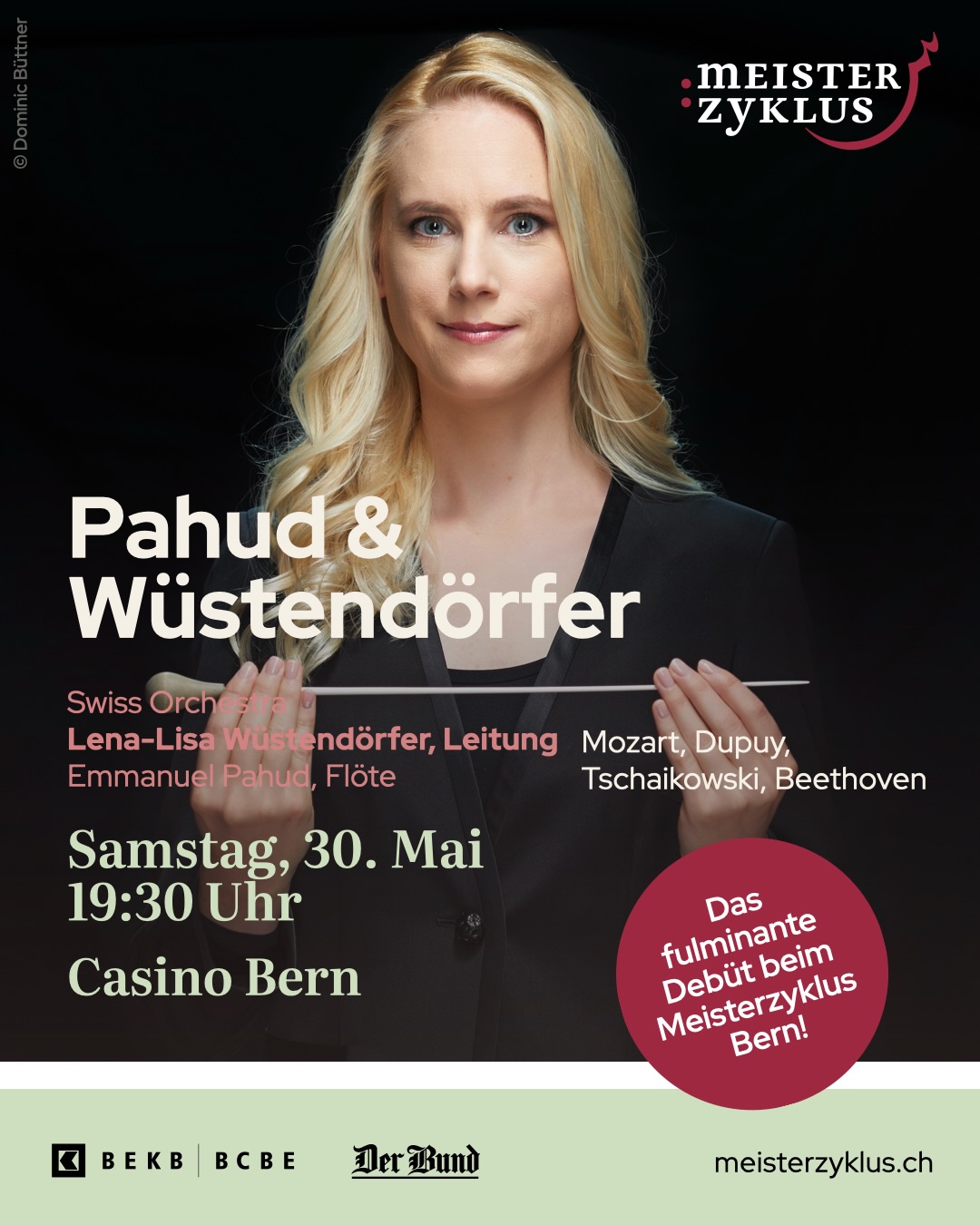 Dem Berner Publikum – nicht zuletzt als Leiterin des Berner Bachchors – bestens vertraut, gehört @lenalisawustendorfer «zu den umtriebigsten Talenten der Schweizer Klassikszene» (Kulturtipp).
Mit «ihrer ansteckenden Leidenschaft» brilliert sie nicht nur als Intendantin von Andermatt Music, sondern überzeugt auch als Dirigentin. Mit dem von ihr gegründeten @swissorchestra empfängt sie den weltweit wohl berühmtesten Flötisten @epahud, der nach wie vor auch als Solo-Flötist der Berliner Philharmoniker tätig ist.
Dupuys Flötenkonzert und Tschaikowskis Arie aus «Eugene Onegin» bilden das romantische Zentrum des Programms, umrahmt von Klassik-Evergreens von Mozart und Beethoven: ein fulminantes Debüt beim Meisterzyklus Bern!
Swiss Orchestra
Lena-Lisa Wüstendörfer, Leitung
Emmanuel Pahud, Flöte
Samstag, 30. Mai 2026, 19:30 Uhr
@casino_bern
Vorverkauf
🎫 meisterzyklus.ch, ticketmaster.ch
📧 billettkasse@meisterzyklus.ch
📞+41 31 994 49 22 (Di - Fr 8 -12 Uhr)
📍Buchhandlung zum Zytglogge
