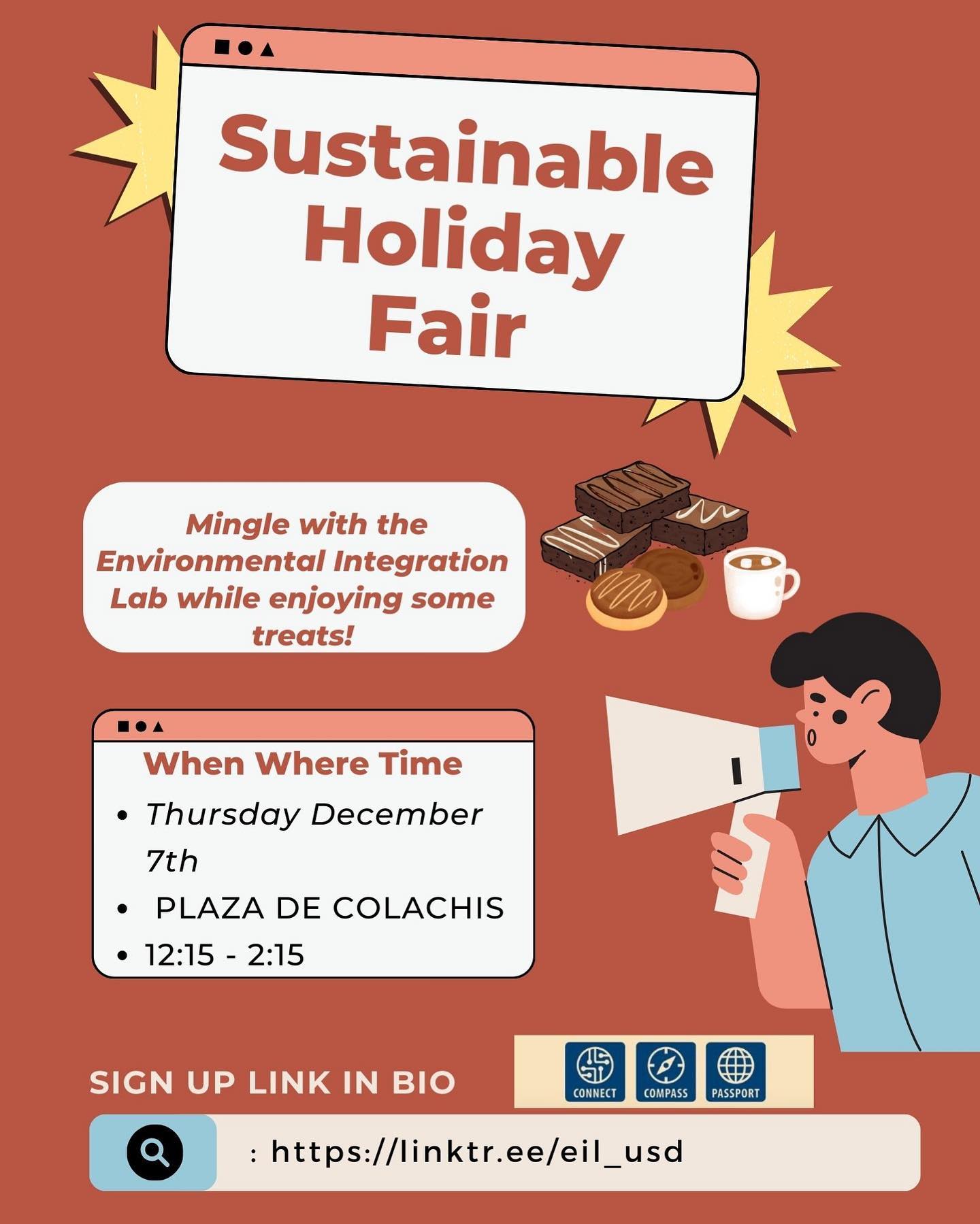 Come to the Sustainable Holiday Fair and learn about actionable gift-giving!
There will be holiday treats, and the event is Connect, Compass, and Passport point eligible.
PS. we will be next to the changemaker Hub
#usd