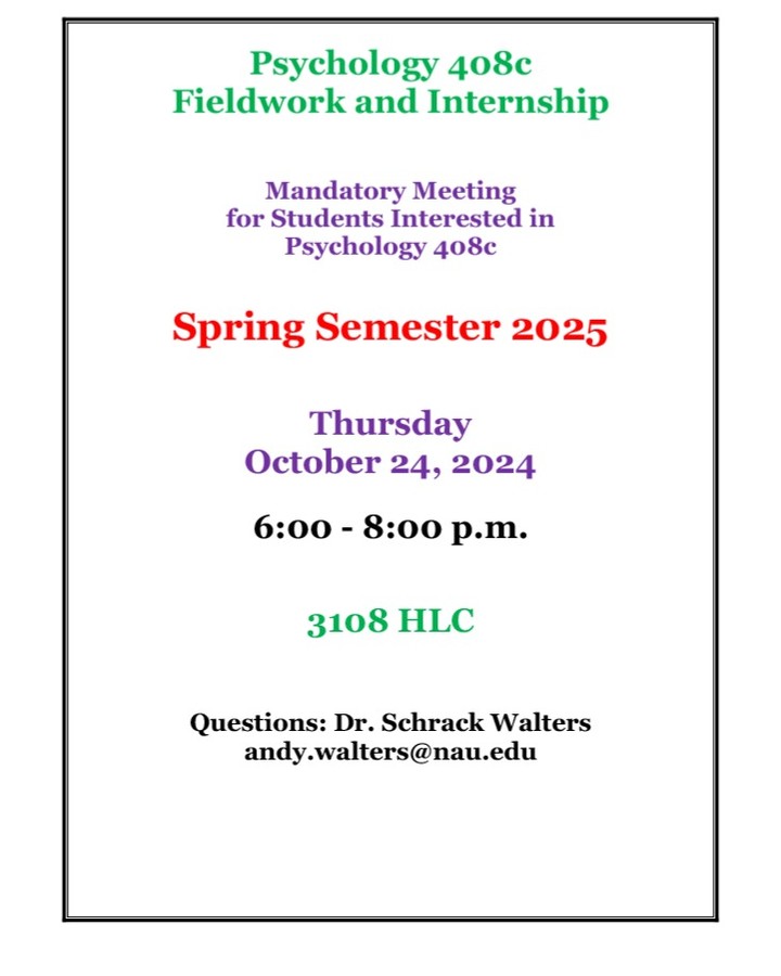 Psych majors! Are you interested in doing an internship spring semester?
Come to the mandatory internship meeting from 6-8pm on Oct 24.