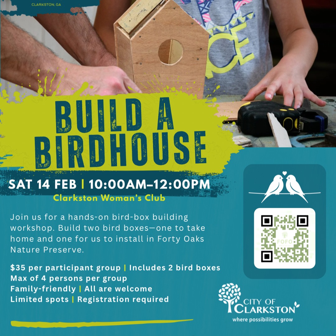 🌿🐦 Help create safe nesting spaces for local birds.
Friends of Forty Oaks is hosting a Birdhouse Building Workshop. Join us to build two bird boxes—one to take home and one to be installed in the preserve. No woodworking experience required. Family-friendly event. register link in bio.
📅 Sat, Feb 14 | 10AM–12PM
📍 Clarkston Woman’s Club
🎟️ $35 Registration | All Are Welcome
👨👩👧👦 Suitable for Ages 8+ (with adult)
🔗 Register: friendoffortyoaks.org
#Conservation #CommunityStewardship #FriendsOfFortyOaks #GeorgiaBirds #FortyOaksNaturePreserve #clarkstonga #naturelovers #birdlovers