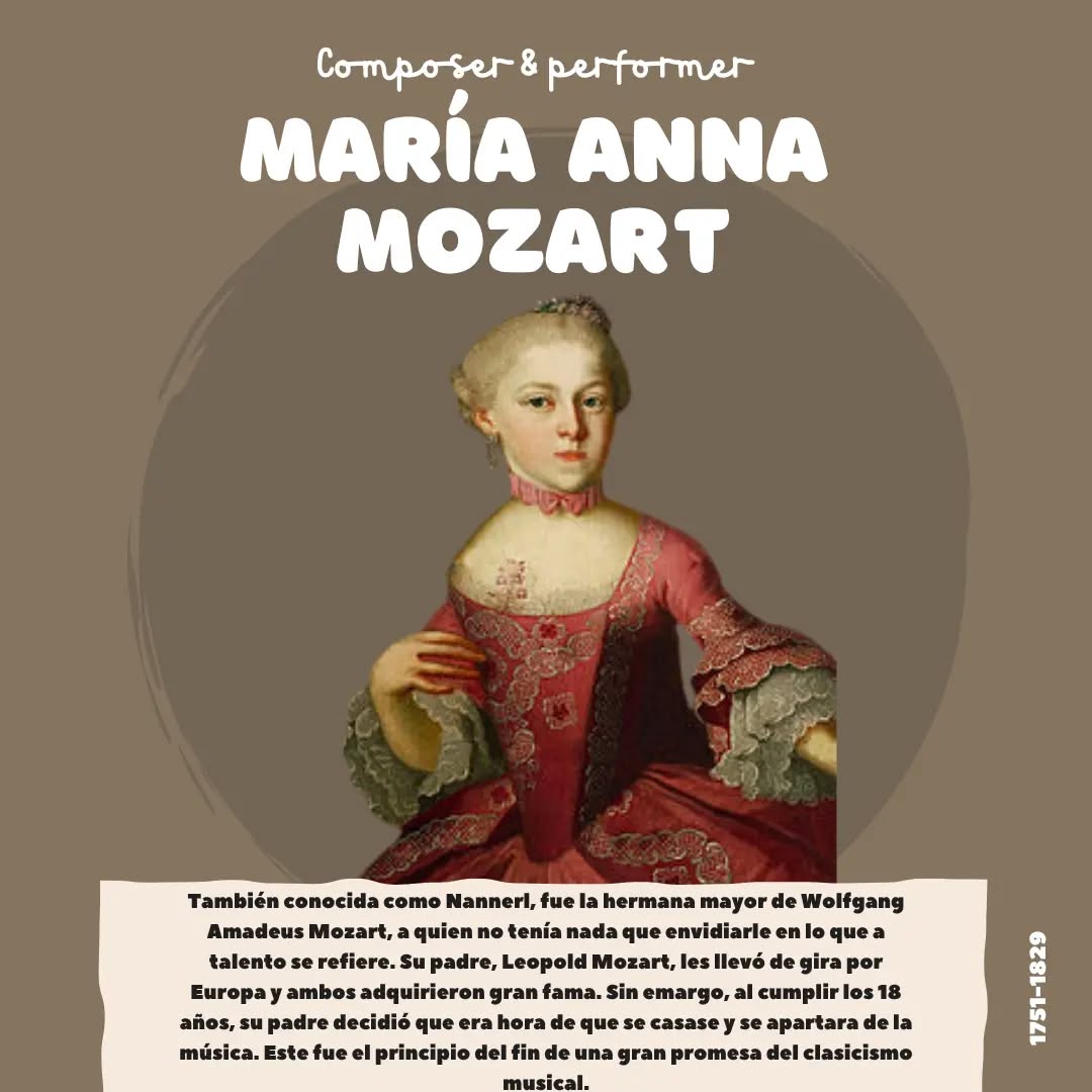 Nannerl Mozart, una de las grandes mujeres olvidadas por la historia.
De hecho, el talento de la que era la hermana mayor de Mozart junto con que su padre era un destacado violinista, hacen dudar de parte de las cualidades de Wolfgang Amadeus. Numerosos historiadores se plantean si realmente Wolfgang Amadeus compuso algunas de sus grandes obras con solo 4 años. ¿Qué opinas? 🤔
🚩+info: https://www.google.com/amp/s/historia.nationalgeographic.com.es/a/maria-anna-mozart-hermana-que-inspiro-a-amadeus_15508/amp
#nannerlmozart #mozart #nannerl #mariaannamozart #mujeresenlahistoria #mujeresolvidadas #womencomposers #womaenday #educaciónmusical #musiceducation #music #classicalmusic #músicaclásica #músicaprimaria #músicainfantil #músicasecundaria #clasicismomusical #recursosmusicales #musicresources #compositoras #8m #díadelamujer