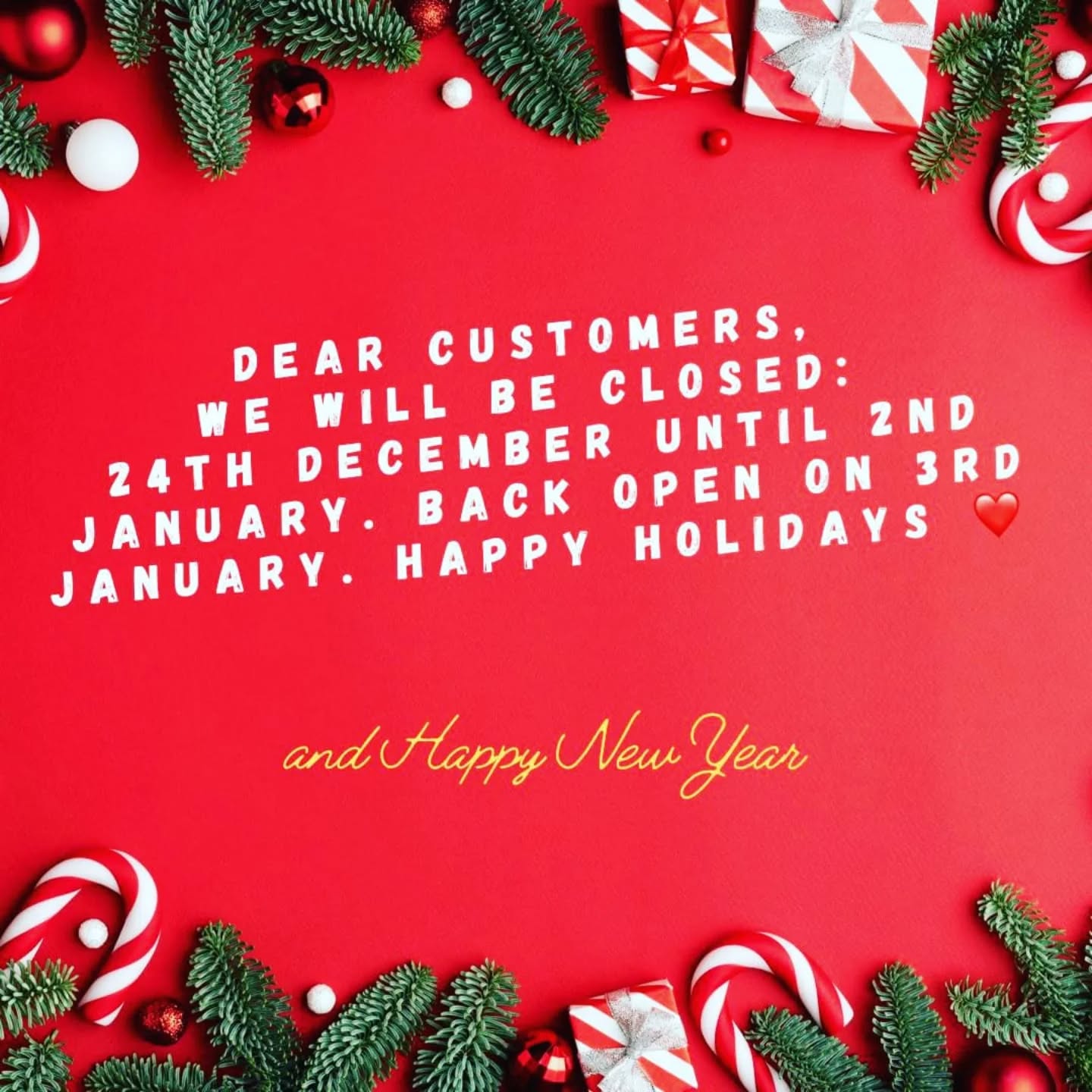 We will be closed on 24th Dec until 2nd Jan.
Back open on the 3rd January 2025.
Thank you for your support and custom throughout the year.
Wishing you happy holidays and a positive year ahead, lots of love, health and happiness π·ππΌπ