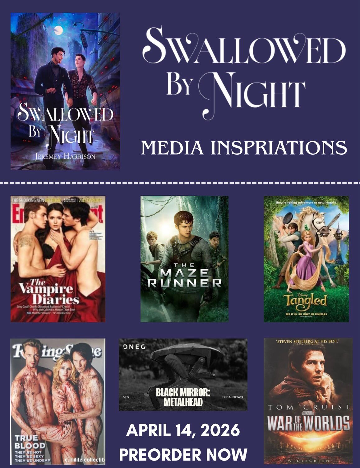 What media inspirations will you find in Swallowed By Night?
Tangled: Locked away from the outside world with a drive to escape, sound familiar?
The Maze Runner: Dystopian government experiments for “the greater good”
Black Mirror - Metalhead: Deadly Mechanical dogs, need I say more?
The Vampire Diaries: Stefan+Klaus+Damon love triangle 👅
True Blood: I mean, hot vampires having s*x, see above 😂
#dystopianfiction #dystopianromance #romancebookstagram #mmromancereaders