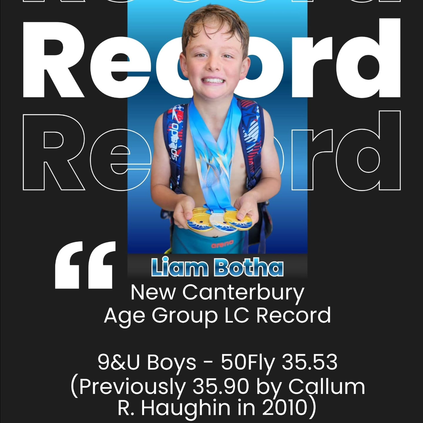 Liam Botha achieved his very first Canterbury LC Age Group Record in the 50m Butterfly (9&U) at the 2026 Canterbury LC Championships.