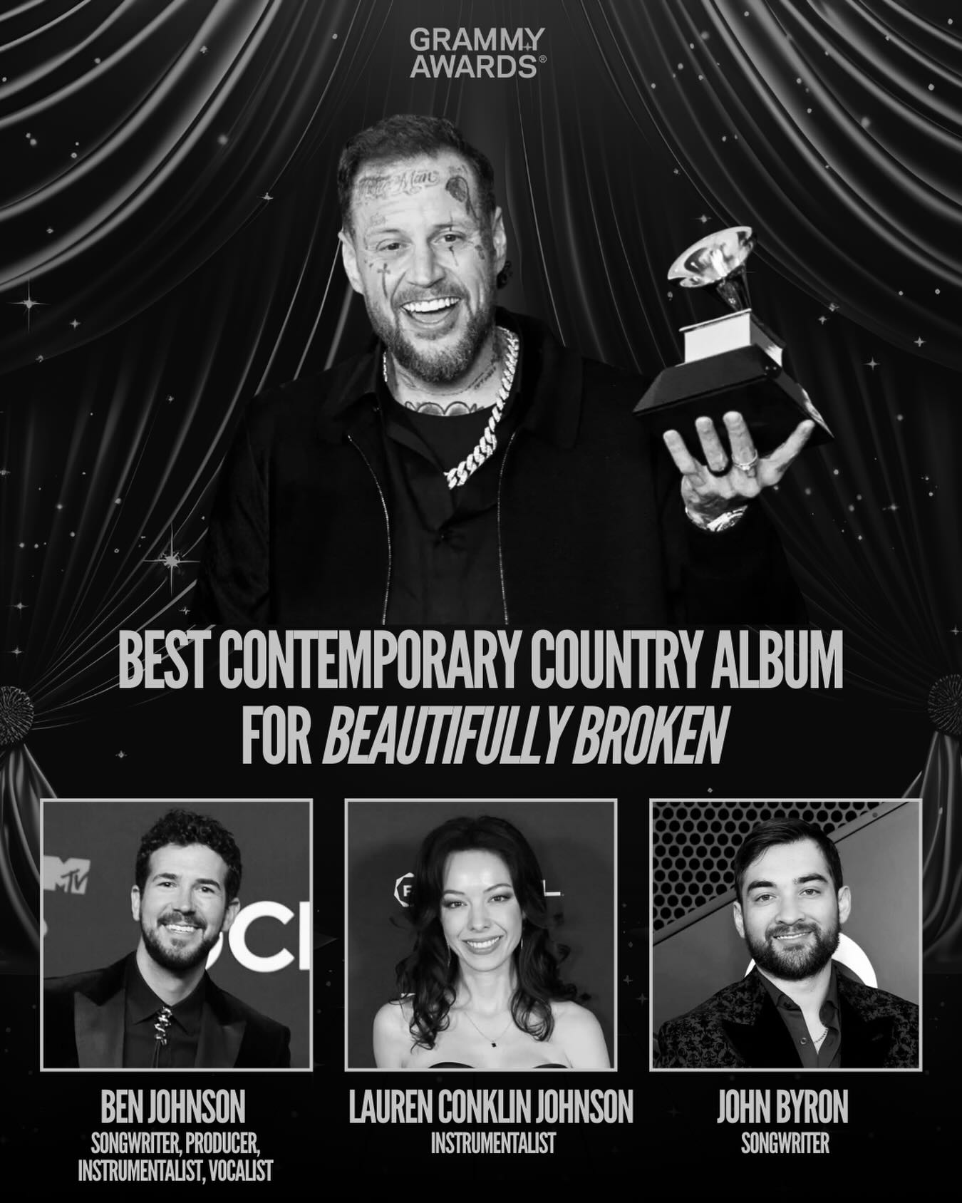 🔥🔥 Fired up about @jellyroll615 ‘s Beautifully Broken taking home Best Contemporary Country Album at the Grammys — proud to see our clients Ben Johnson, Lauren Conklin Johnson, and John Byron contribute to a project that resonated at the highest level.
Excellence recognized. 🏆🎶
#Grammys #GrammyWinner #BeautifullyBroken #ClientSpotlight #ChristianBarkerCo