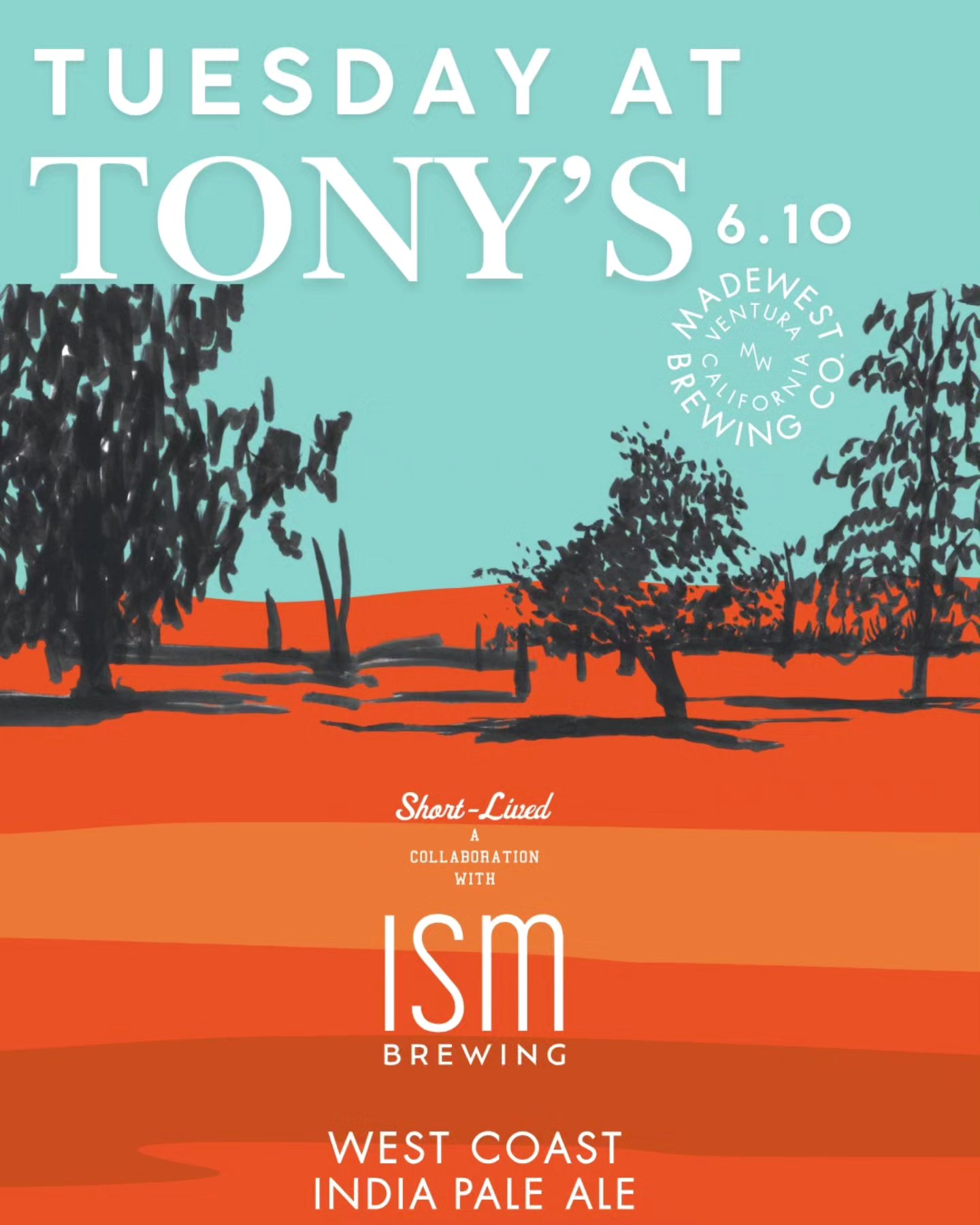 Tuesday at Tony's June 10th we'll be hosting a Shortlived event with @madewestbeer and @ismbrewing . Shortlived is a West Coast IPA packed with Nectaron hops and isa crusher that won’t be around for long!
We’ll also be featuring a lineup of killer beers from both breweries, plus plenty of good vibes, great food, and the usual Tuesday night fun.