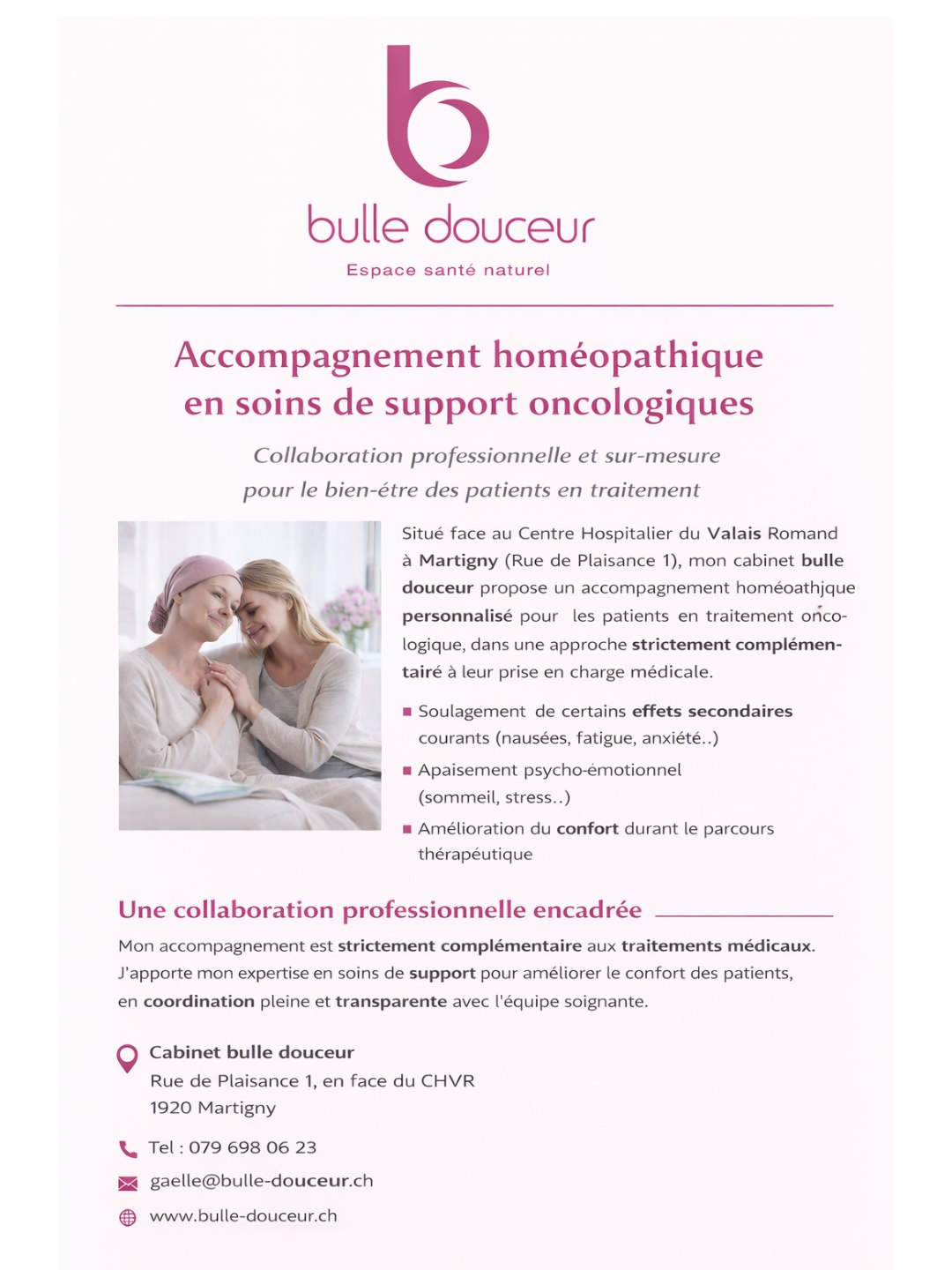 🎗️ Traverser la maladie avec plus de douceur
Lorsque le corps est éprouvé par la maladie et les traitements, il est essentiel de pouvoir être accompagné, écouté et soutenu.
Au cabinet bulle douceur, situé en face du CHVR à Martigny, je propose un accompagnement homéopathique personnalisé, en complément des traitements médicaux, pour aider à soulager certains effets secondaires, apaiser le stress et soutenir le bien-être global pendant le parcours oncologique.
🤍 Chaque accompagnement est individualisé, respectueux du suivi médical et centré sur la personne.
📍 Cabinet : Rue de Plaisance 1, Martigny
📞 079 698 06 23
✉️ gaelle@bulle-douceur.ch
🌐 www.bulle-douceur.ch
👉 Prise de rendez-vous sur Onedoc : https://www.onedoc.ch/fr/naturopathe-mco-ten/martigny/pc1b0/gaelle-tornay-formaz – je suis à votre écoute.
#bulledouceur #homeopathie #soinsdesupport #oncologiedesupport
#accompagnementoncologique
#cancer #vivreaveclecancer
#qualitedevie #bienveillance
#santenaturelle #therapeutevalais
#martigny #valais #prendreletemps