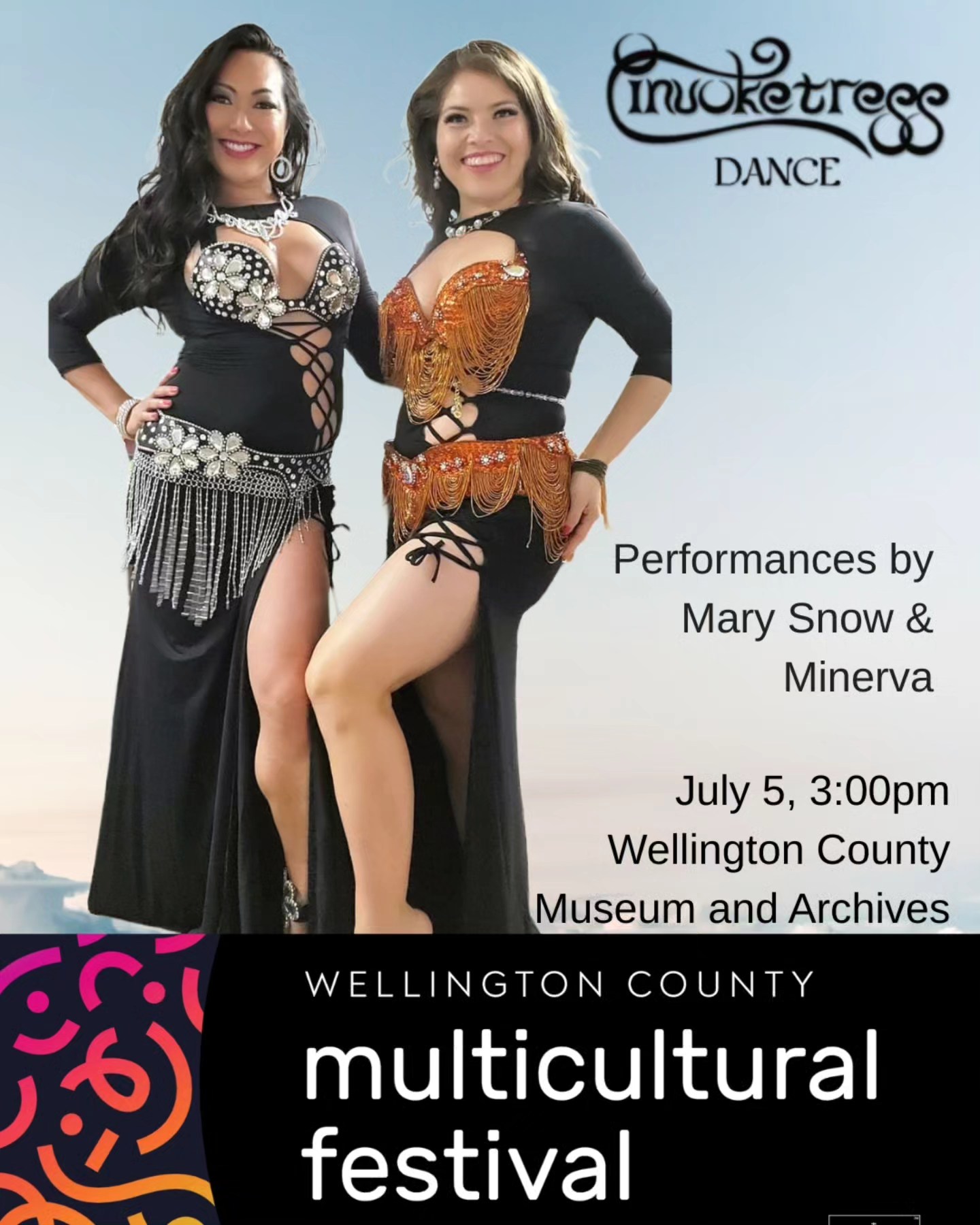 The summer festivals keep coming! ☀️
This Saturday, Invoketress' @mary.snow.official and @wise.minerva will be performing at the Wellington County Multicultural Festival during the 3:00-4:00 set. Come out with with whole family!
Wellington County Museum and Archives
Fergus, Ontario
#Invoketress #Invoketressdance #summerfestival #multiculturalfestival #fergusontario #marysnow #bellydancers @wellingtoncounty