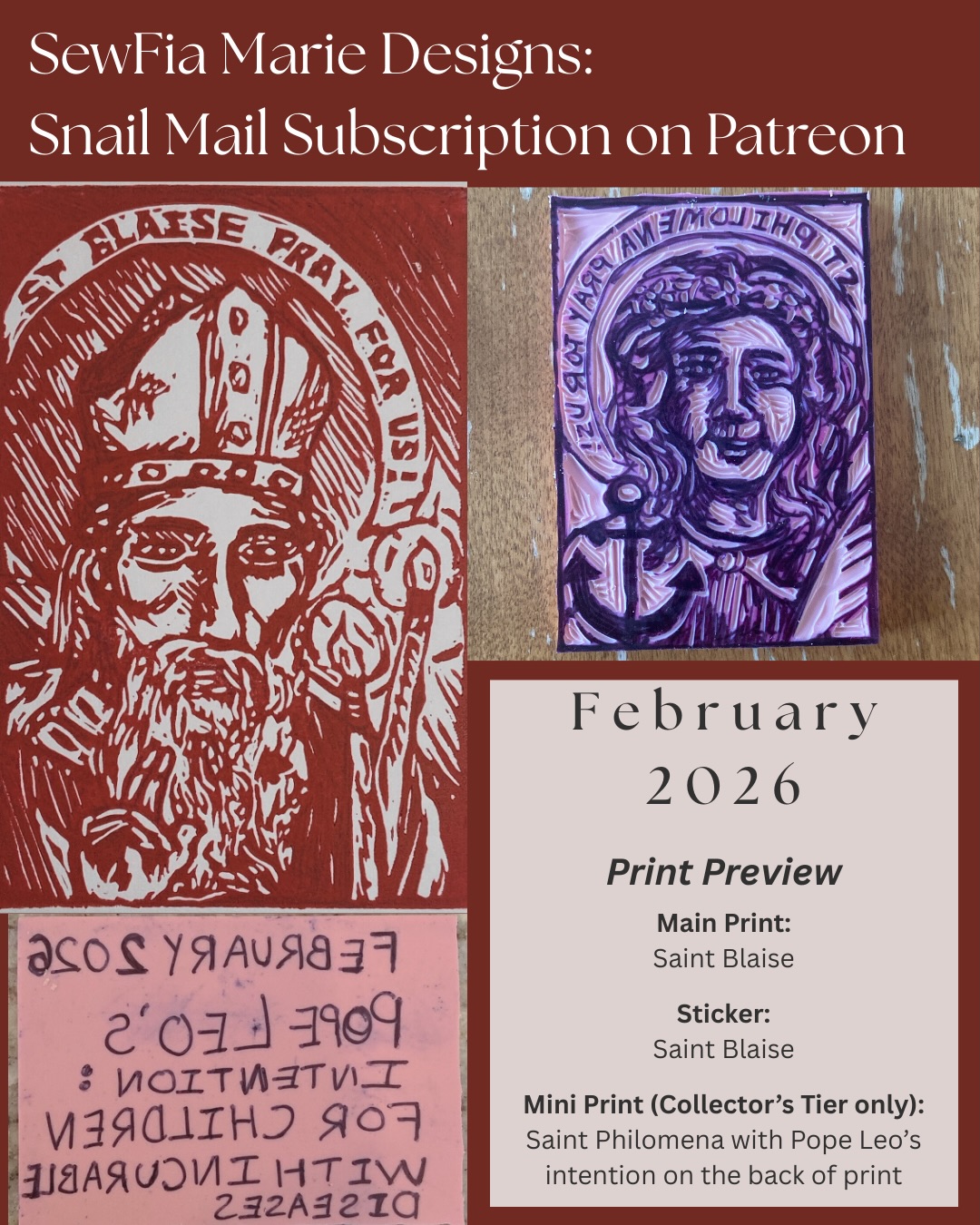 February 2026 Print Club prints preview!
Last thing to be made for this month’s club is printing the Saint Philomena mini print and waiting for the postcards and stickers for the different subscription tiers to arrive in the mail! Spots still open to sign up for this month’s and subsequent months’ prints on Patreon. Sign up any time during the month of February to receive this month’s prints of Saint Blaise (both tiers) and Saint Philomena (collector’s tier only).
#foryoupage #catholic #catholicart #linocut #snailmail