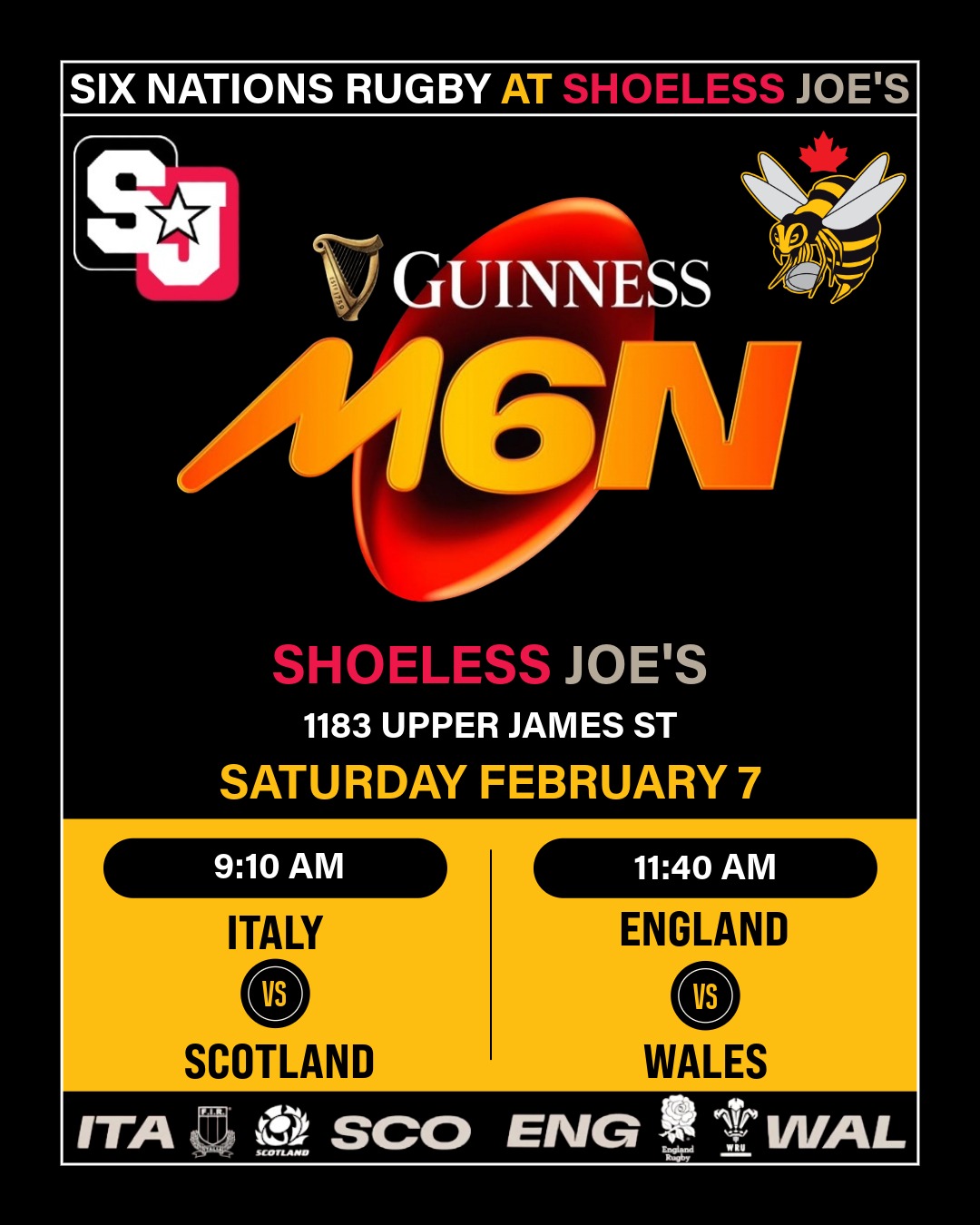 🏉 Six Nations Morning with the Hornets!
Start your Saturday the right way with Six Nations rugby at @shoelessjoeshamilton this Saturday, February 7!
⏰ Kickoff Times
Italy vs Scotland — 9:10 AM
England vs Wales — 11:40 AM
📍 Shoeless Joe’s Upper James
1183 Upper James St, Hamilton
🍳 Breakfast on the menu
Then keep the momentum going and hit the pitch after the matches 👇
🏉 Winter Indoor Training — Feb 7
📍 Wentworth Sports Complex (2100 Main St W)
👧🧒 Ages 4–18: 2:15–3:15 PM (FREE)
👩🦰👨 Ages 19+: 3:15–4:45 PM
Let’s pack the bar, enjoy some top-tier rugby, and show strong support for our newest sponsor before heading to training together. Black & yellow encouraged! 🖤💛🐝
#HamiltonHornetsRugby #HamOnt #Rugby #ShoelessJoes #GuinnessM6N