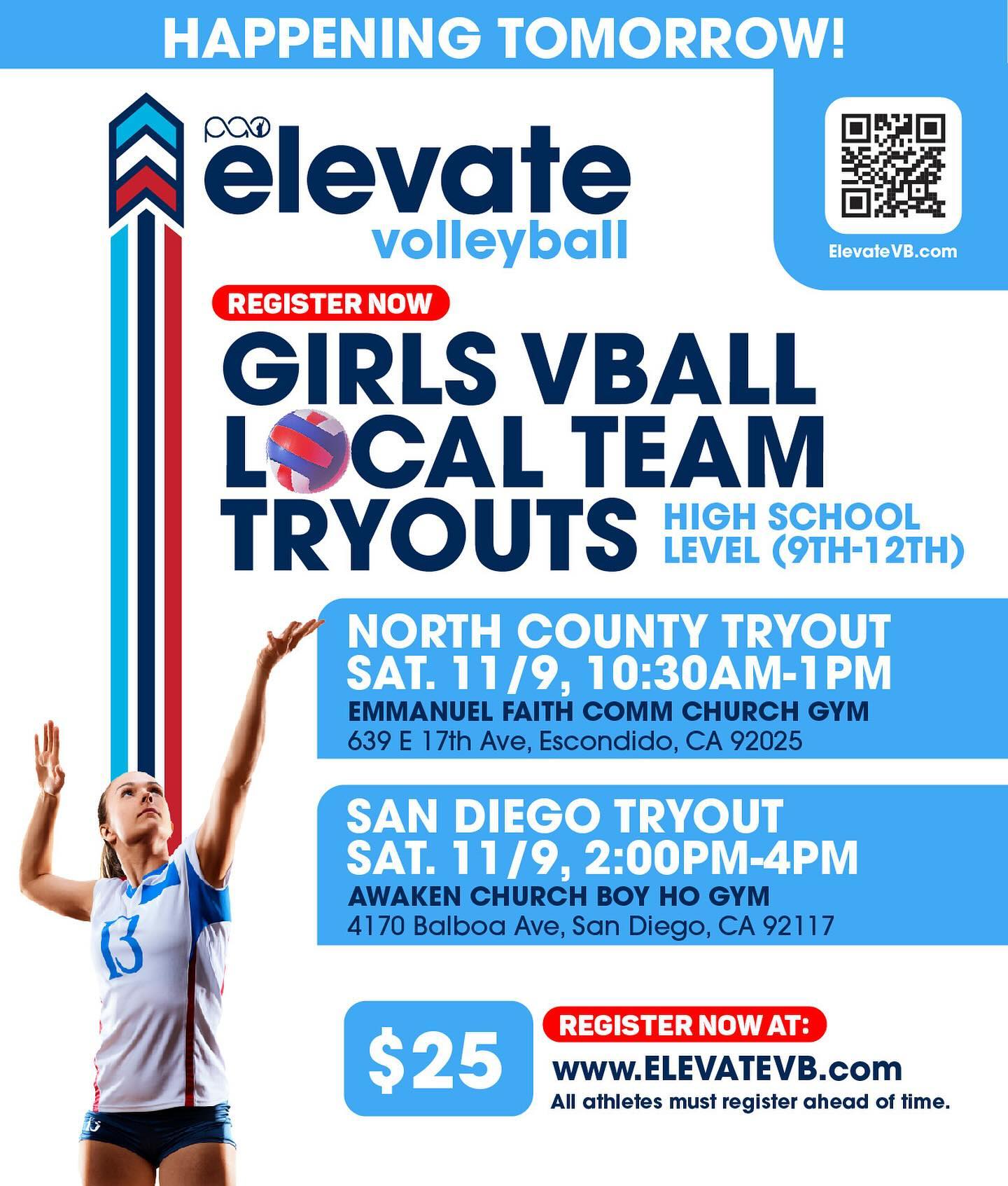 TRYOUTS TOMORROW!! Last chance to register and tryout for the 2025 Elevate Local Volleyball season. Don’t miss out! Link in the bio: or Register at: ElevateVB.com #elevatevb