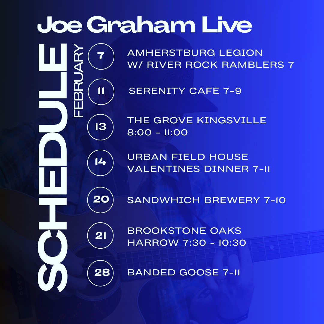 This Months Schedule: Feb 7 1-11pm Amherstburg legion with @riverrockramblers @eva_sings_live Feb 11 7-9pm @serenity_coffee_house Feb 13 8-11pm @the_grove_brewing_co Feb 14 7-11pm @urban_fieldhouse Feb 20 7-10 @sandwichbrewing Feb 21 7:30-10:30 @brookstone_oaks Feb 28 7-11pm @bgbrewing