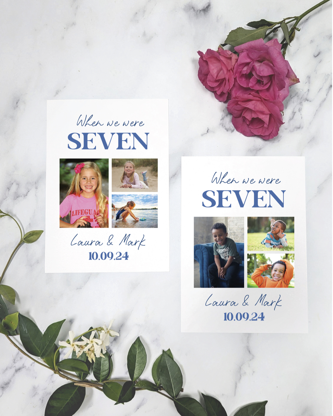 Is there anything cuter than childhood photos of the married couple on their wedding day?
Having old photos of you and your partner through your childhood years is an adorable way to put a twist on table numbers. The real question is, who was cuter??
#tablenumbers #paperadventureco #childhoodphotos #weddingideas #weddinginspiration #weddingdecor #personalisedwedding