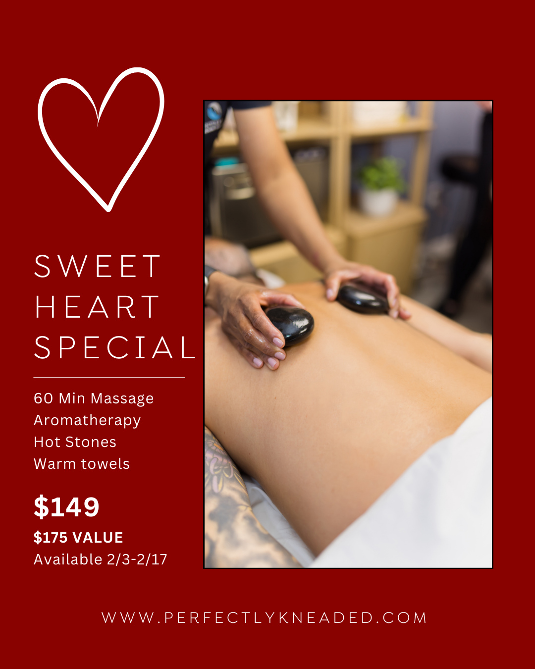 Celebrate yourself (or with your love) with our SWEETHEART SPECIAL! 💆 ❤️
❤️ Receive a 60min massage with aromatherapy, hot stones & warm towels for $149!
Book this service online directly from our website 📲 perfectlykneaded.com
❕ Available for individuals or couples thru 2/28. Not combinable w/ membership or other offers.❕
Gift certificates valid for 2 years. Exclusions may apply.
#perfectlykneadedmassage #perfectlykneaded #ridgewoodmassage #bergencountymoms #bergencountybiz #ridgewoodnj #ridgewoodnewjersey 