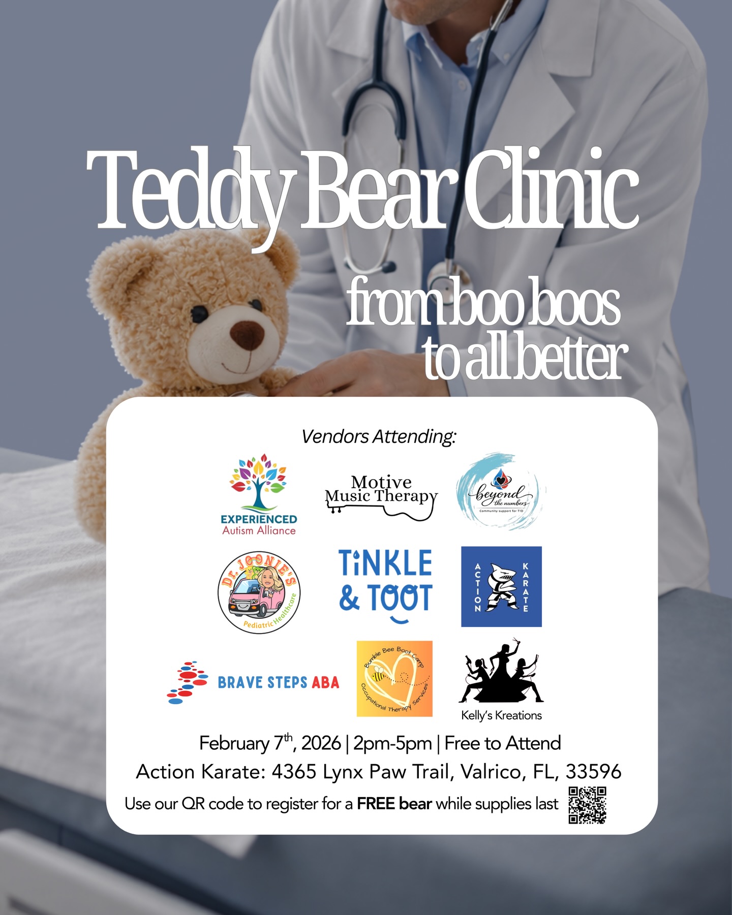 THIS SATURDAY!! 🫶🏼🎵🧸
🧸Teddy Bear Clinic🩺
Hosted by Motive Music Therapy, Experienced Autism Alliance, and Dr. Joonie’s Pediatric Healthcare
Join us for a fun, supportive Teddy Bear Clinic designed to help children feel more comfortable and confident about doctor visits! This interactive experience allows kids to bring their favorite teddy bear (or choose one of ours—limited supply available!) and walk through a gentle “doctor visit” together.
Children will have the chance to see and experience what a doctor appointment looks like in a calm, welcoming environment—helping ease nerves and build familiarity before real visits. 💙
MUST REGISTER FOR THE EVENT: https://forms.gle/TdmHsJSnMH3Aw3487
📍 Action Karate – 4365 Lynx Paw Trail, Valrico, FL
🤝 Beyond the Numbers will be joining us as well!
This event is especially great for children who may feel anxious about medical appointments, including those with sensory sensitivities or who benefit from predictable, hands-on experiences.
✨ Fun, education, and reassurance—all in one place.
🐻 Teddy bears available while supplies last.
We can’t wait to see you there!