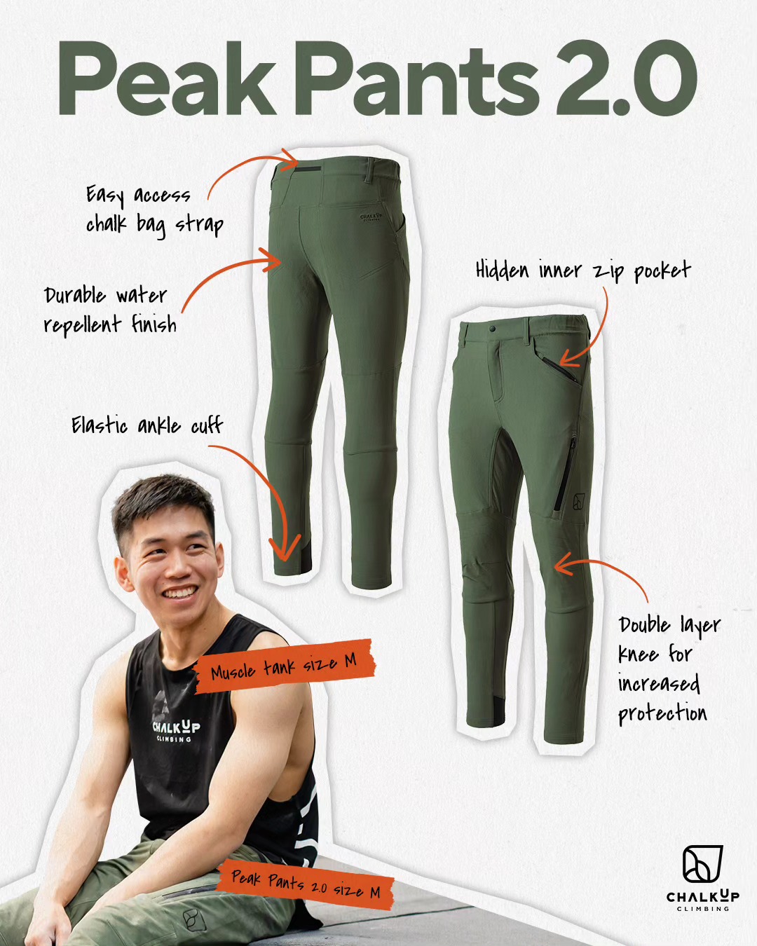🌲 The Forest Peak Pants 2.0 💚⠀
⠀
Elevate your climbing game with the upgraded features of our pants: ⠀
⠀
💫 New material, enhanced durability, same stretch with less pilling⠀
📏 Increased size range from XXS to XL⠀
👖 Slim fit (size up for straight fit)⠀
🦵 Double layer knee for added protection⠀
⠀
Own the first release? Get 50% off the new Peak Pants 2.0 by tagging us in a photo of them or send us your invoice. DM for details 🙏 ⠀
⠀
For those keen to check them out, stay tuned for our Black Friday sale to snag some awesome deals on your first pair! 💥⠀
⠀
#chalkupclimbing #climbingpants #peakpants #climbingapparel #techwear #chalkupcrushers #indoorclimbing #adventure #fitness #gear #apparel #timetoshop #gym #blackfridaysale #bouldering #rockclimbing