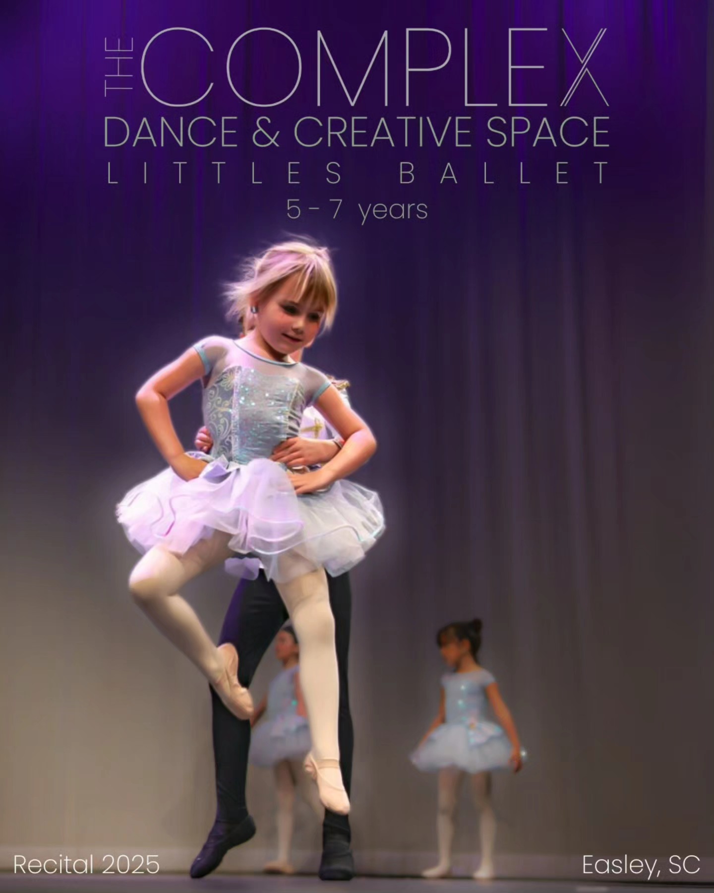 Enrollment for LITTLES BALLET (ages 5-7) is OPEN at The Complex Dance & Creative Space in Easley SC.
.
Throughout this class, students will develop a strong foundation in ballet technique, posture, alignment, musicality, and ballet vocabulary. Emphasis will be placed on developing grace, strength, flexibility, and coordination while cultivating an appreciation for the art form of ballet. Students will also learn the importance of discipline and dedication in dance