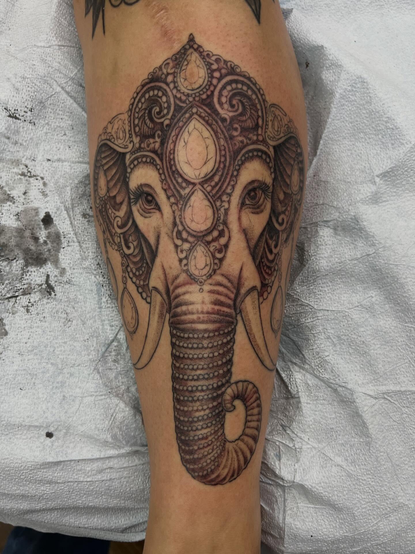 One more session done on this super cool Ganesh Elephant.. couple more to go.. #tattoo #ganesh #blackandgrey #scarcoverup