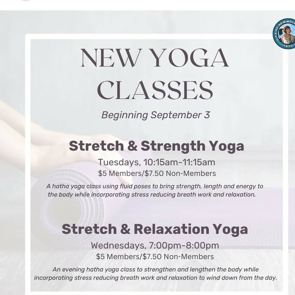 Come join me as I bring my yoga style to the Seminole Recreation Center beginning September 3rd! So excited to meet you there!