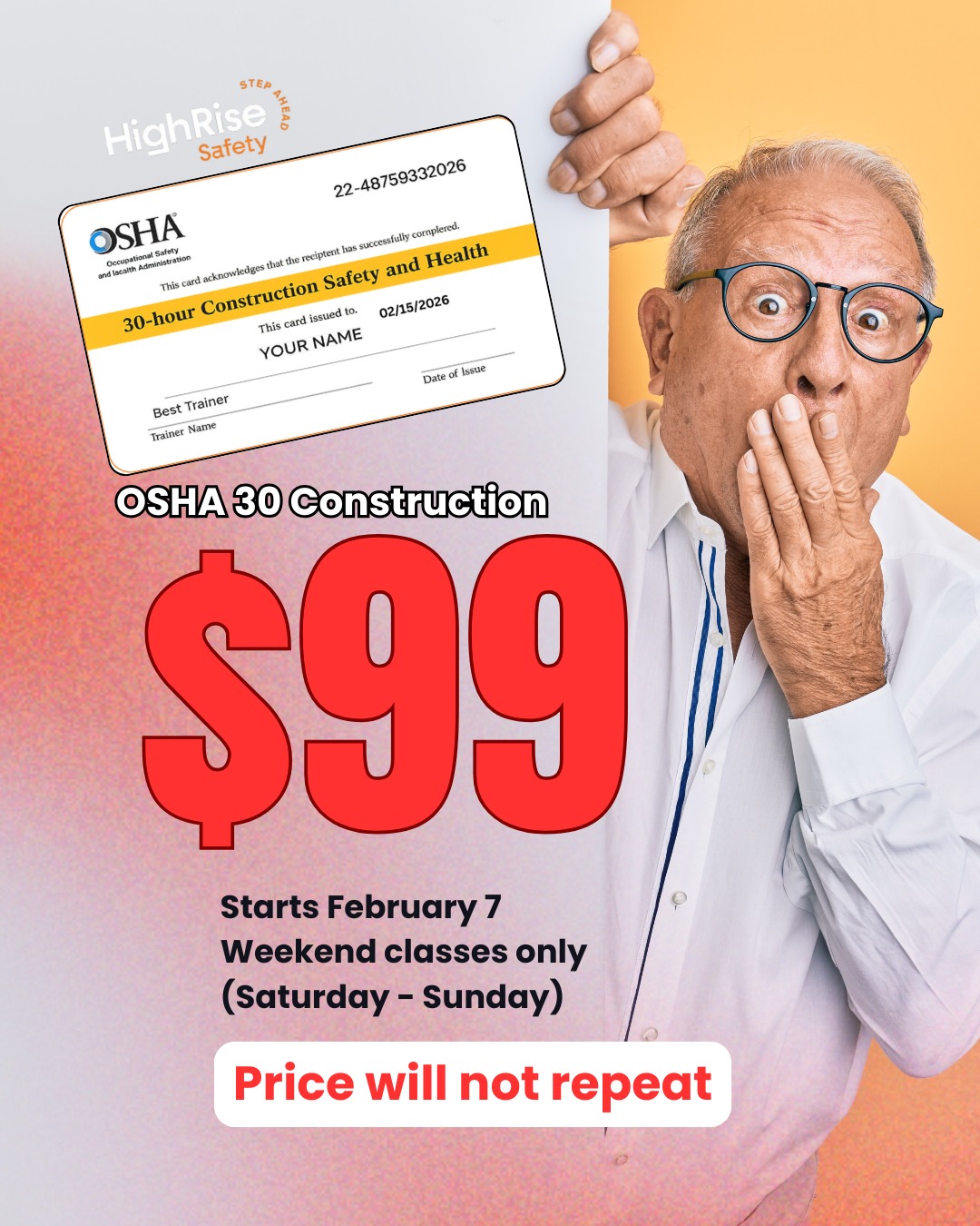 OSHA 30 Construction — only $99 (Available to book till February 3. After this date, regular pricing applies)
Only one class.
This price will not repeat.
📅 Starts February 7
🗓 Weekend classes only (Saturday–Sunday)
📍 1632 E 16 St, Brooklyn, NY 11229
(718) 587-1777
Limited seats available.