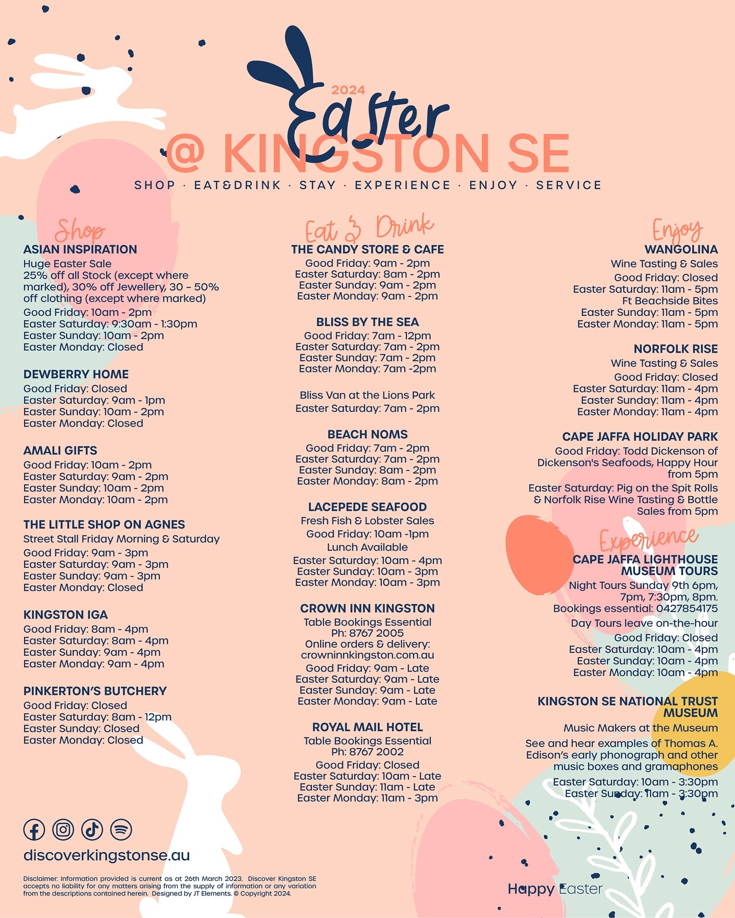 With your bags packed, all there is left to do for an egg-citing Easter break in Kingston SE, is plan your days. To make it easy for you, we’ve compiled a list of the long weekends trading hours and what is happening.
Amongst eating a years supply of Easter eggs from @candystorecafe and hot cross buns from @beachnoms in 4 days, there is plenty to see and do! 🐰
🍷 Taste some of the regions finest by visiting @wangolina and @norfolkrisevineyard
🦞 Snap up a lobster or enjoy freshly cooked fish and chips from @lacepedeseafood . Or cook your own feast with Southern Ports Seafood available at Kingston IGA Local Grocer
☕️ Enjoy coffee, breakfast or a light lunch at @blissbytheseakingston
🗼Take a day or night tour of the @capejaffalighthousekingstonse and grab the family and head to the Music Makers Exhibition at the Kingston SE National Trust Museum (this long weekend only)
🍳 Grab a cooked breakfast or indulge in SA made icecream at The Candy Store & Cafe.
🛍 Shop up a storm at @asian.inspiration.kingston , @dewberry_home , @amaligiftskingstonse and The Little Shop on Agnes Street
🐕 Book an Easter pamper session for your pooch at @sandygrovekennels
🍽️ Dine in at the @crown_inn_kingston or @royal_mail_hotel_kingston_sa , tables fill fast so bookings are recommended!
.........plus loads more.
For more information visit:
https://www.discoverkingstonse.au/post/easter-fun-in-kingston-se