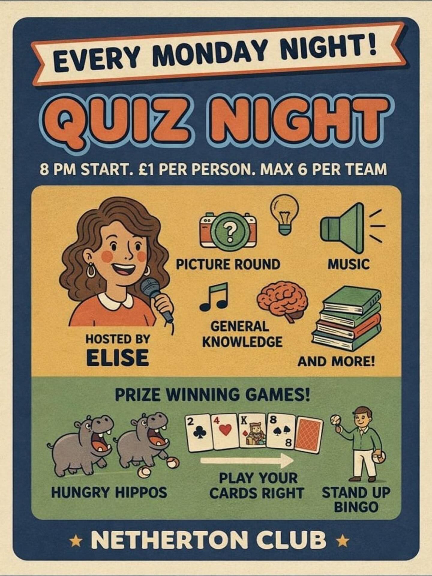 Quiz night in the bar tonight - hosted by Elise find your specialist subject and if you havenβt got one maybe you can win Hungry Hippos π¦ instead π!!