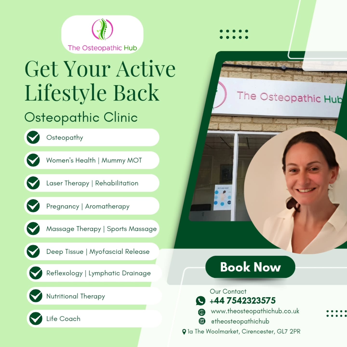 Get your active lifestyle back with care you can trust.
At The Osteopathic Hub, we provide osteopathic and wellbeing care designed to support your body through pain, recovery and everyday life. Based in the heart of Cirencester, Cotswolds, our clinic offers evidence-based, hands-on treatments tailored to real needs — not just symptoms.
We support a wide range of concerns, including:
• Osteopathy – back pain, neck pain, sciatica and joint stiffness
• Women’s Health & Mummy MOT – pelvic floor concerns, postnatal recovery, core weakness and postural strain
• Advanced Laser Therapy & Rehabilitation – chronic pain, arthritis, inflammation and soft tissue injuries
• Pregnancy Care – pregnancy-related back pain, pelvic pain, hip discomfort and postural support
• Massage & Sports Massage – muscle tension, headaches, stress-related pain and sports recovery
• Deep Tissue & Myofascial Release – long-standing muscle tightness, restricted movement and chronic tension
• Reflexology & Lymphatic Drainage – stress, fatigue, poor sleep and fluid retention
• Nutritional Therapy – digestive health, hormonal balance, low energy and vitality support
• Life Coaching – emotional stress, overwhelm, confidence building and life transitions
Our approach is calm, supportive and clinically grounded — helping you move better, feel stronger and live with greater ease.
🔗 Booking: https://www.theosteopathichub.co.uk/
The Osteopathic Hub
Caring for you and your family
📍 1a The Woolmarket, Cirencester, GL7 2PR
#TheOsteopathicHub #CirencesterOsteopath #CotswoldsWellbeing
#WomenHealth #PregnancyCare LaserTherapy
BackPainRelief HolisticHealth LocalClinic CirencesterLife