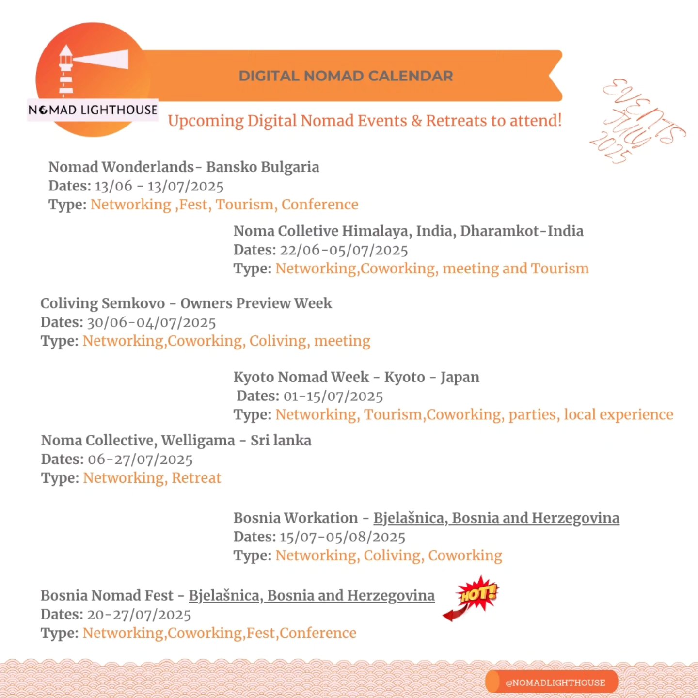 🌞 After an intense month of June, July is calling, nomads! 🌞
👀 Keep an eye out for our July picks and get ready to map out your next adventure—with the people who get it.
🌍 Work, wander, repeat.
Links to subscription below:
Nomads in Wonderlands – Bansko Bulgaria
https://nomadsinwonderlands.com/bansko-coliving-coworking-popup
Noma Colletive Himalaya, India, Dharamkot-India
https://www.noma-collective.com/location/Himalaya-Jun-22-2025
Coliving Semkovo Owners Week
https://colivingsemkovo.com/
Kyoto Nomad Week
https://achicochi.my.canva.site/kyotonomad2025?
Noma Collective, Welligama - Sri lanka
https://www.noma-collective.com/location/Weligama-Jul-06-2025
Bosnia Workation - Bosnia
https://nomad-trail.com/bosnia-workation-2025
Bosnia Nomad Fest
https://nomad-trail.com/
#DigitalNomads #NomadLighthouse #RemoteWork #WorkFromAnywhere #NomadEvents #TravelAndWork